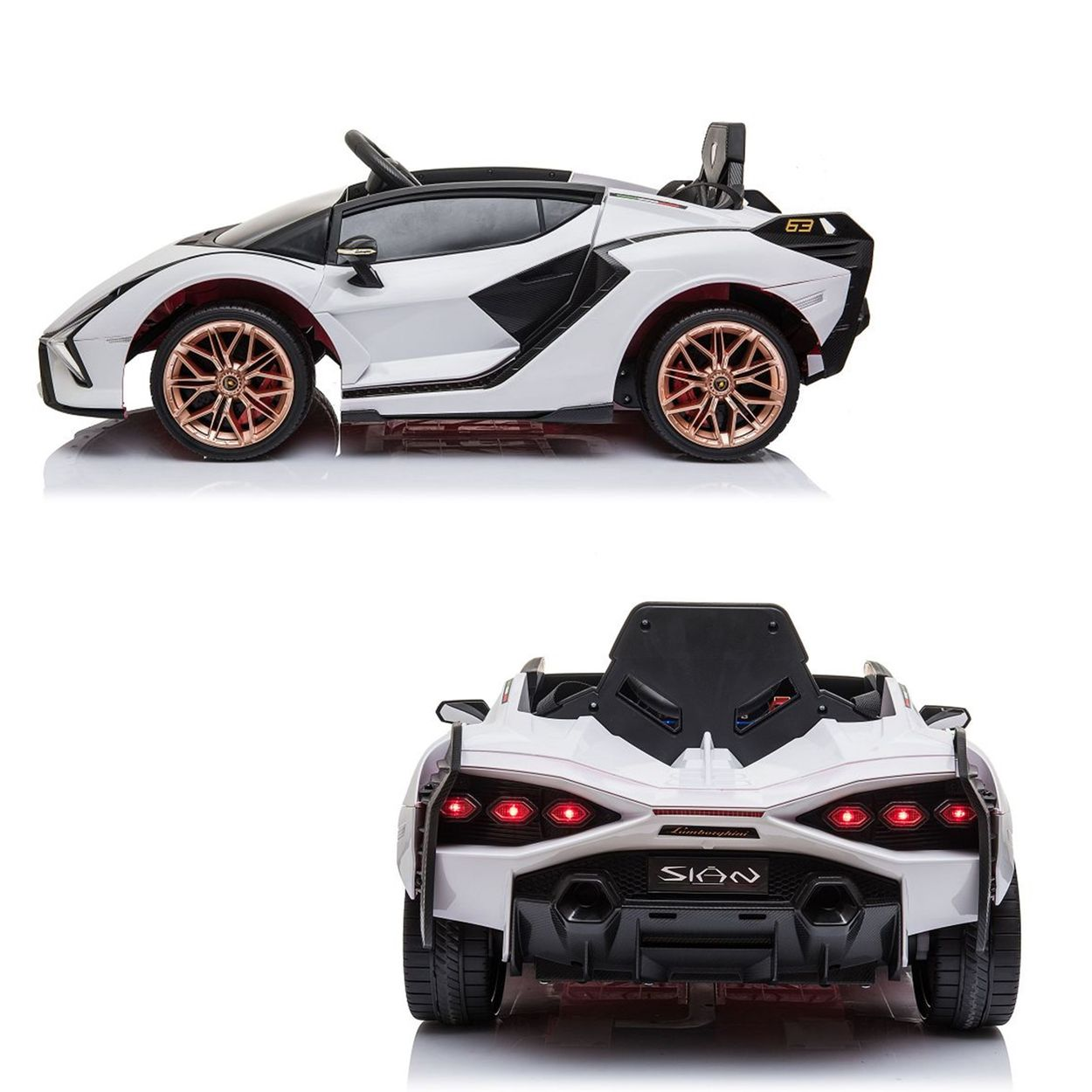 Ein weiß-schwarzes Spielzeugauto im Design eines Lamborghini Sián. Es hat rote Lichter und goldene Räder.