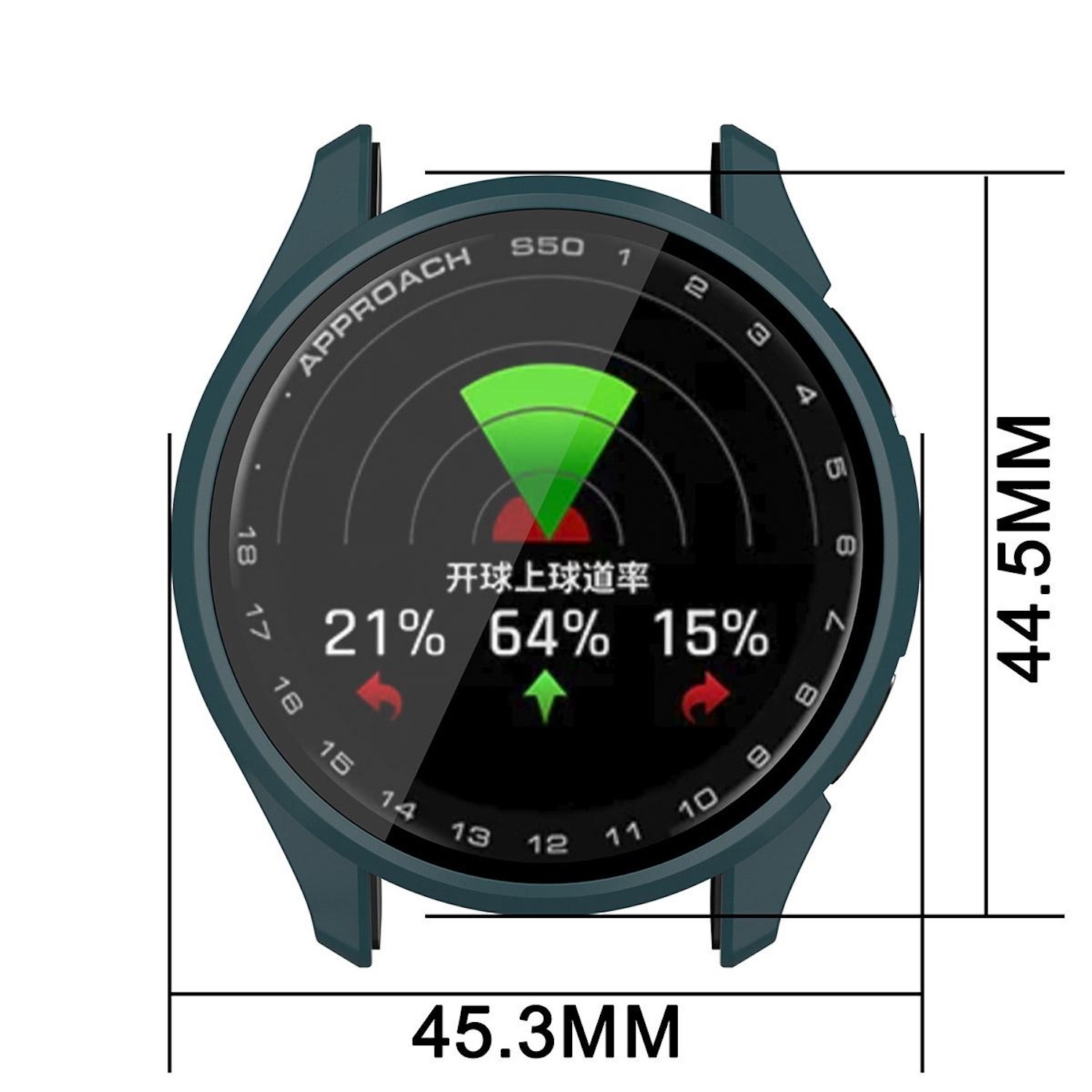 Smartwatch mit Golfplatzlayout, Daten mit Prozentsätzen und Pfeilen.