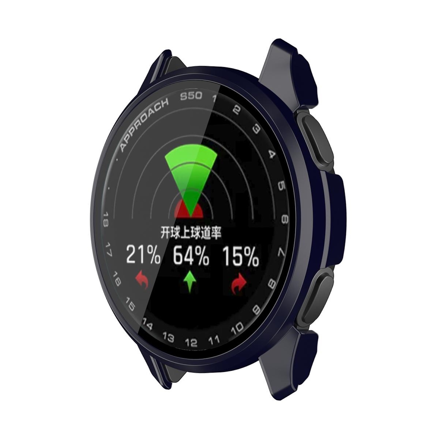 Eine Smartwatch zeigt Golfdaten. Dunkelblaue Uhr, schwarzer Bildschirm und Text mit Prozentangaben.