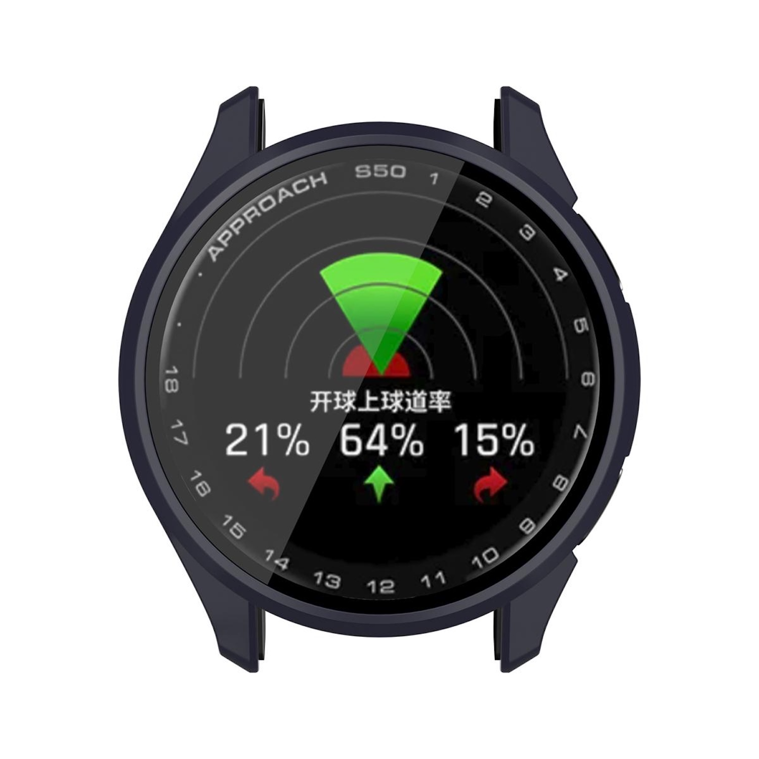 Smartwatch-Bildschirm, der Golfplatzlayout mit Leistungsdaten und Prozentsätzen anzeigt.