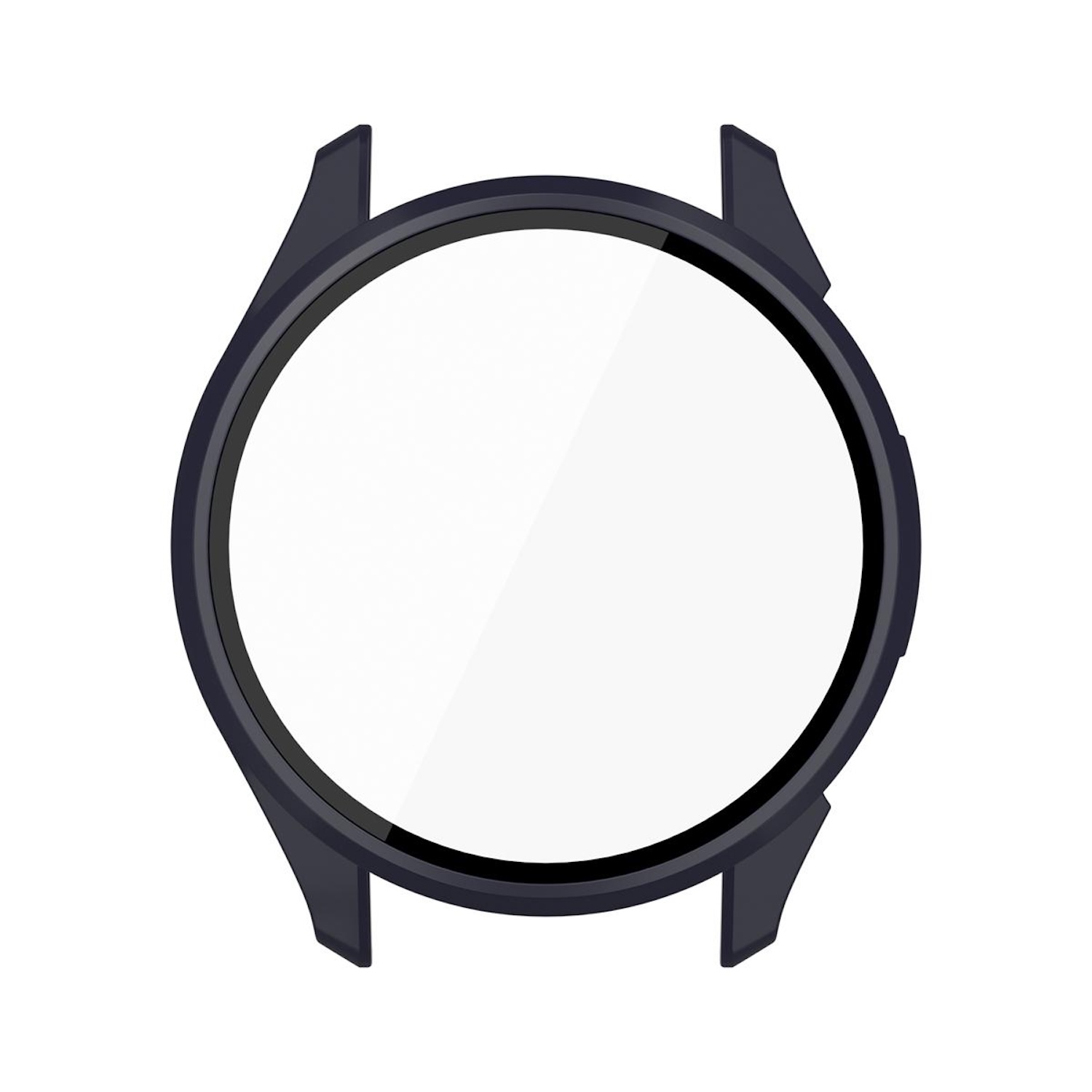 Eine schwarze Uhrenhülle für eine Smartwatch. Die Uhrenhülle ist offen. Der Hintergrund ist weiß.
