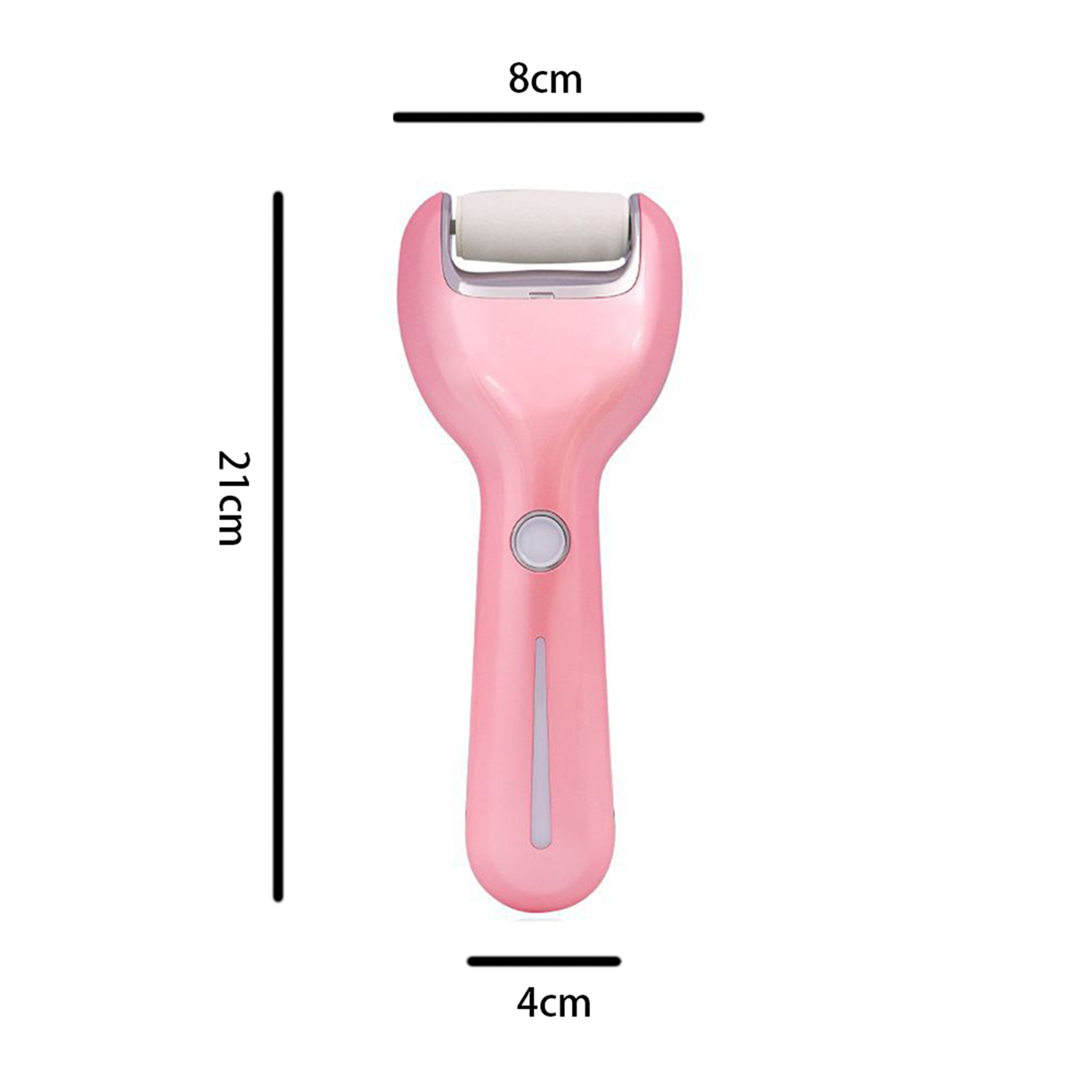 Rosa Fußpflegegerät mit Rolle, Abmessungen: 21 cm hoch, 8 cm breit, 4 cm dick.