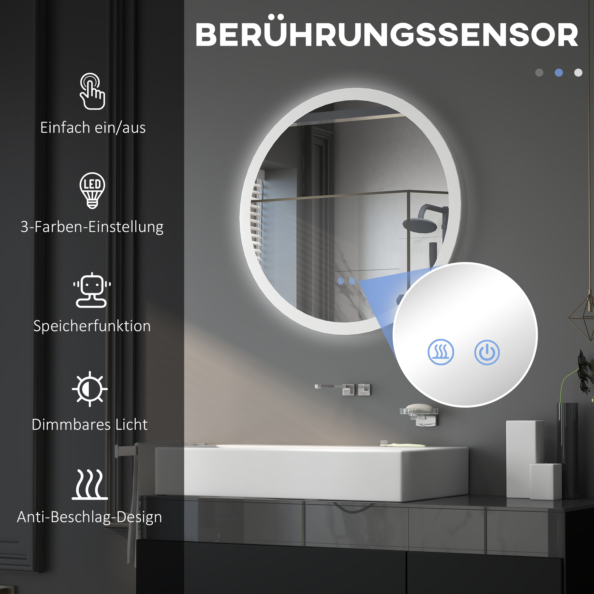 Runder beleuchteter Spiegel mit Touch-Bedienelementen und Text, Badezimmer, weißes Waschbecken und dunkler Schrank.