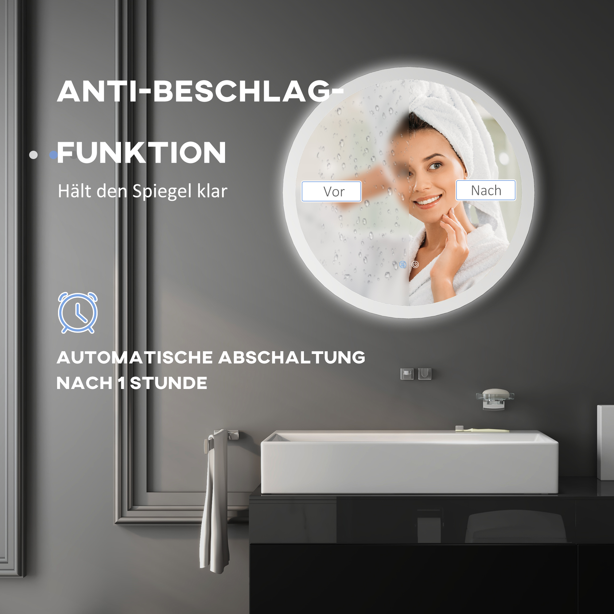 Frau im Badezimmer, Spiegel mit Antibeschlagfunktion und ein weißes Waschbecken.
