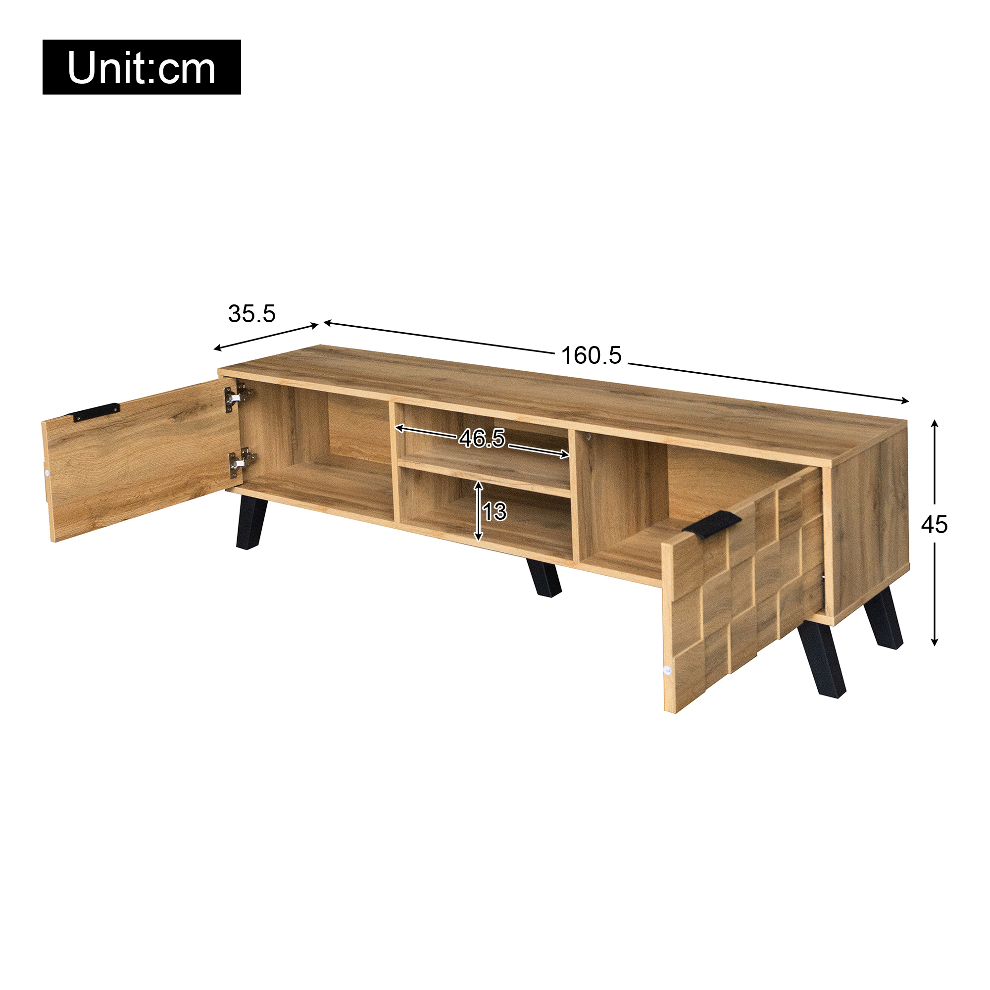 TV-Ständer aus Holz mit offenen Türen, Regalen und Abmessungen in cm.