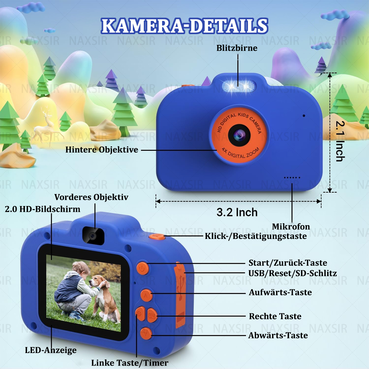 Fotocamera blu per bambini con dettagli, inclusi pulsanti, schermo e dimensioni.