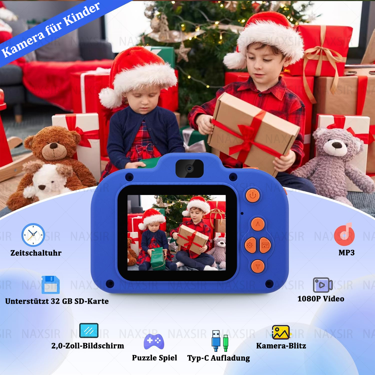 Fotocamera blu per bambini con due bambini e giocattoli, con etichette funzionali.