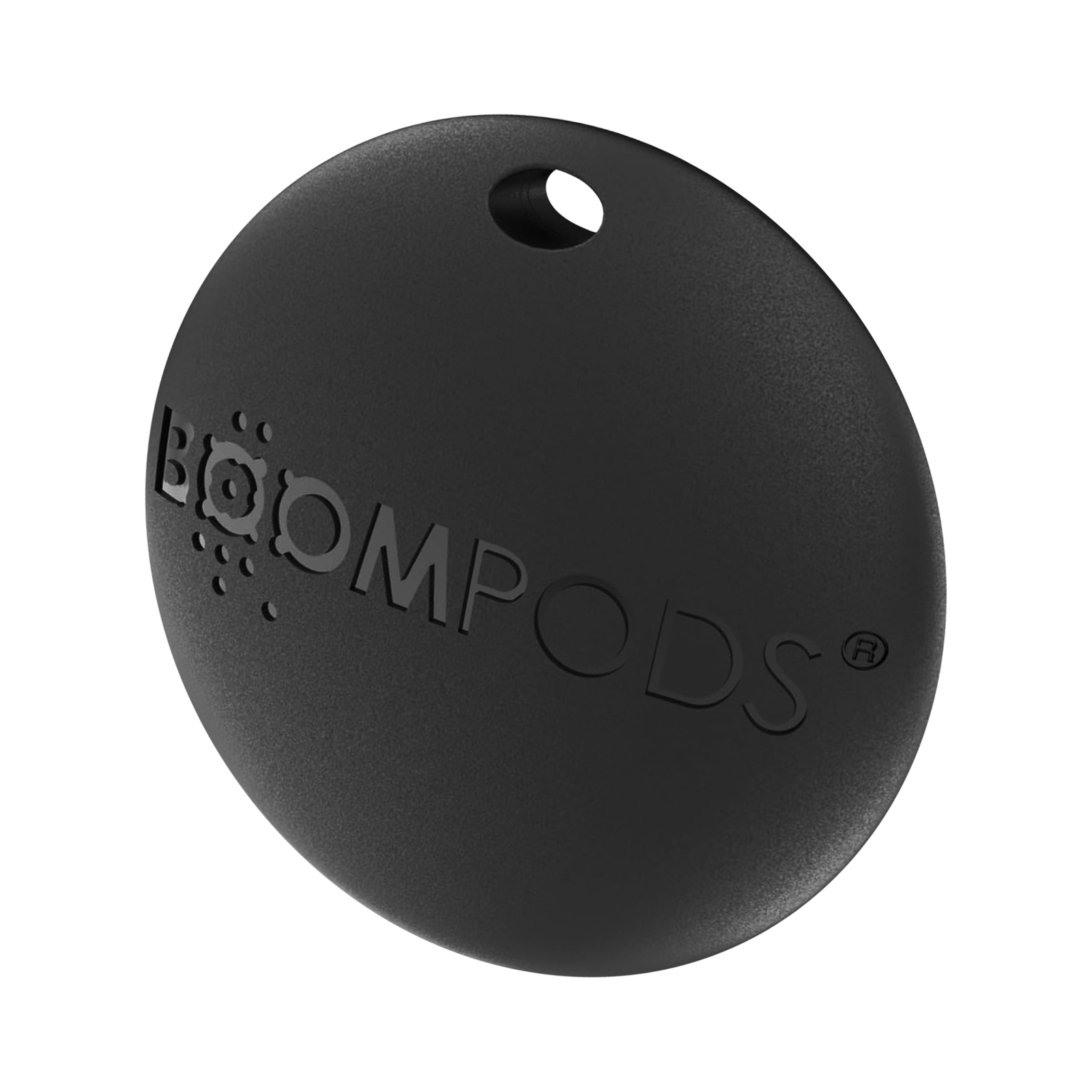 Altoparlante Boompods nero con logo, su sfondo bianco, con acqua.