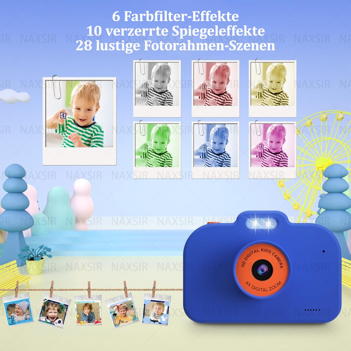 Fotocamera blu per bambini con foto di esempio, filtri colore e cornici varie sullo sfondo.