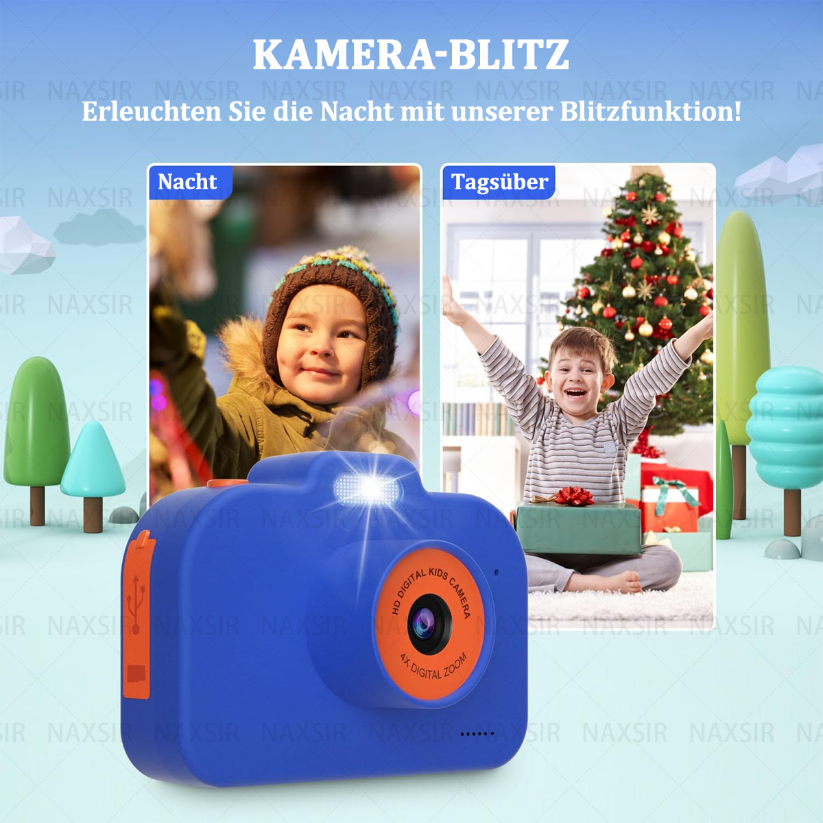 Una fotocamera blu con flash, che mostra un bambino di notte e uno di giorno.
