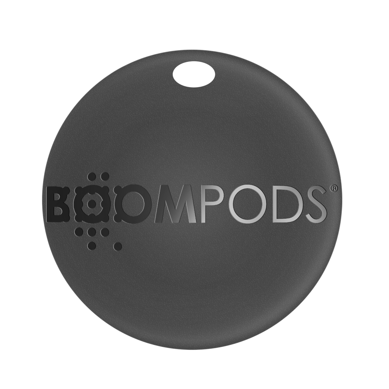 Un tag rotondo nero Boompods con il marchio e un foro in alto.