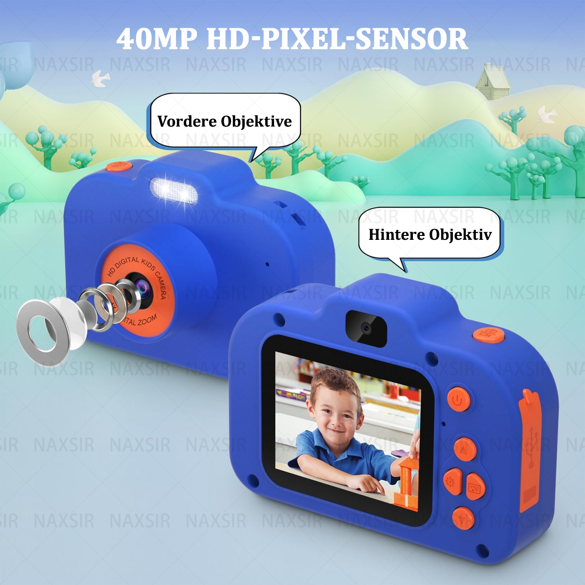 Fotocamera blu per bambini con due fotocamere, schermo e dettagli, con testo.