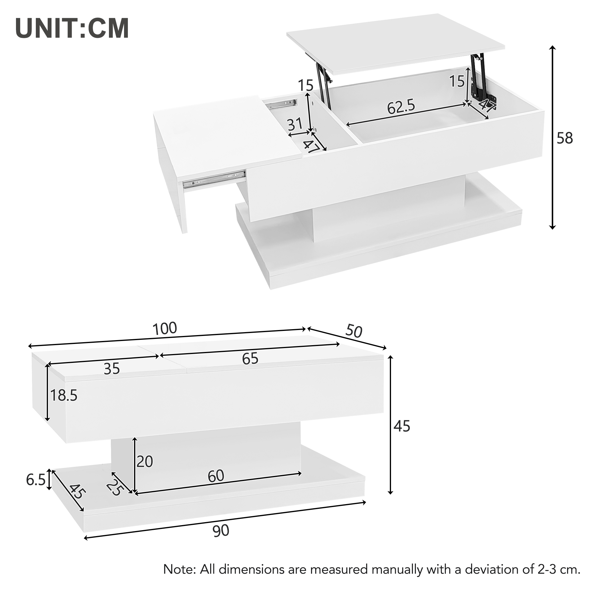 Diagramm eines weißen Couchtisches mit Hubfunktion mit Abmessungen in cm, offen und geschlossen.