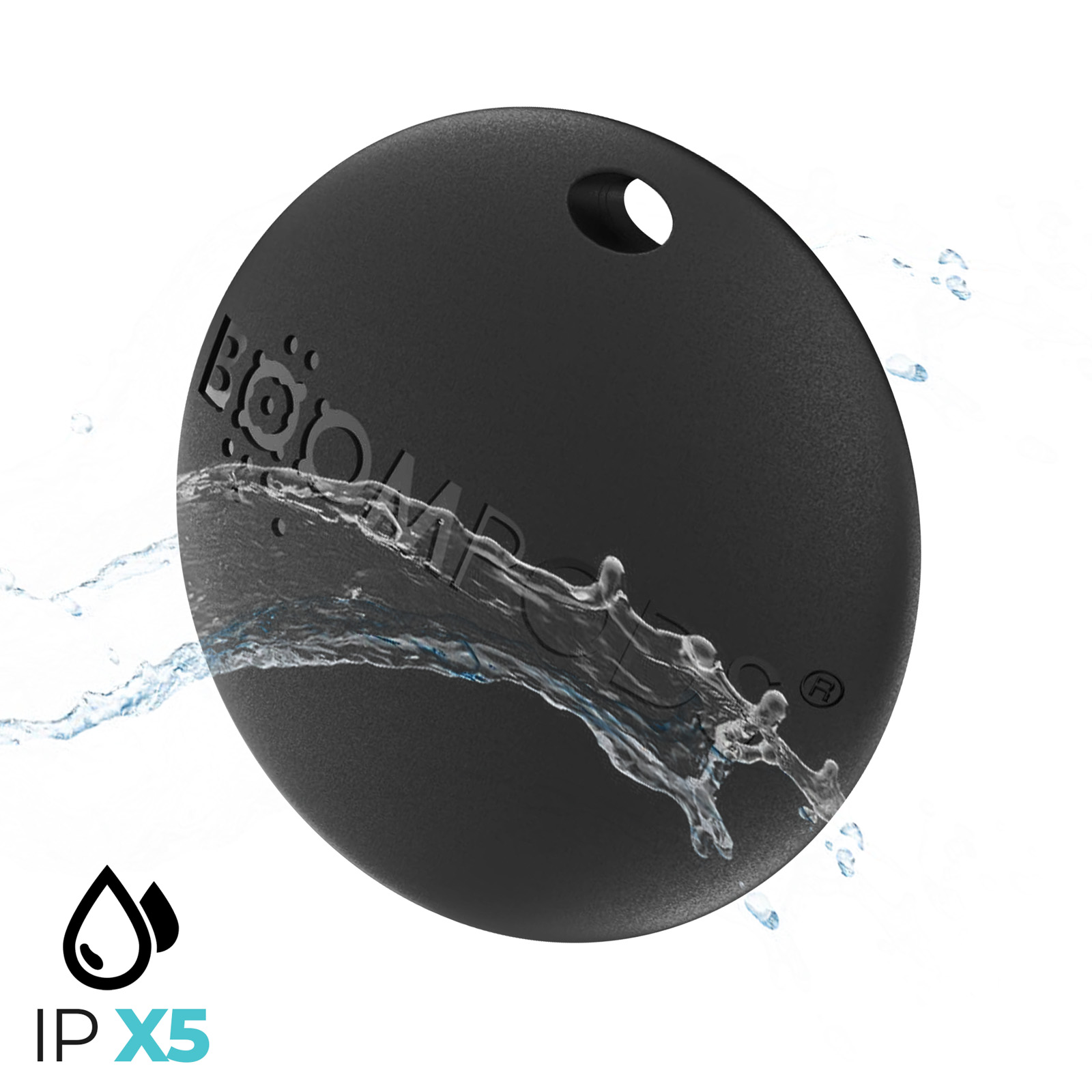 Altoparlante nero impermeabile con schizzo d'acqua e classificazione IPX5.