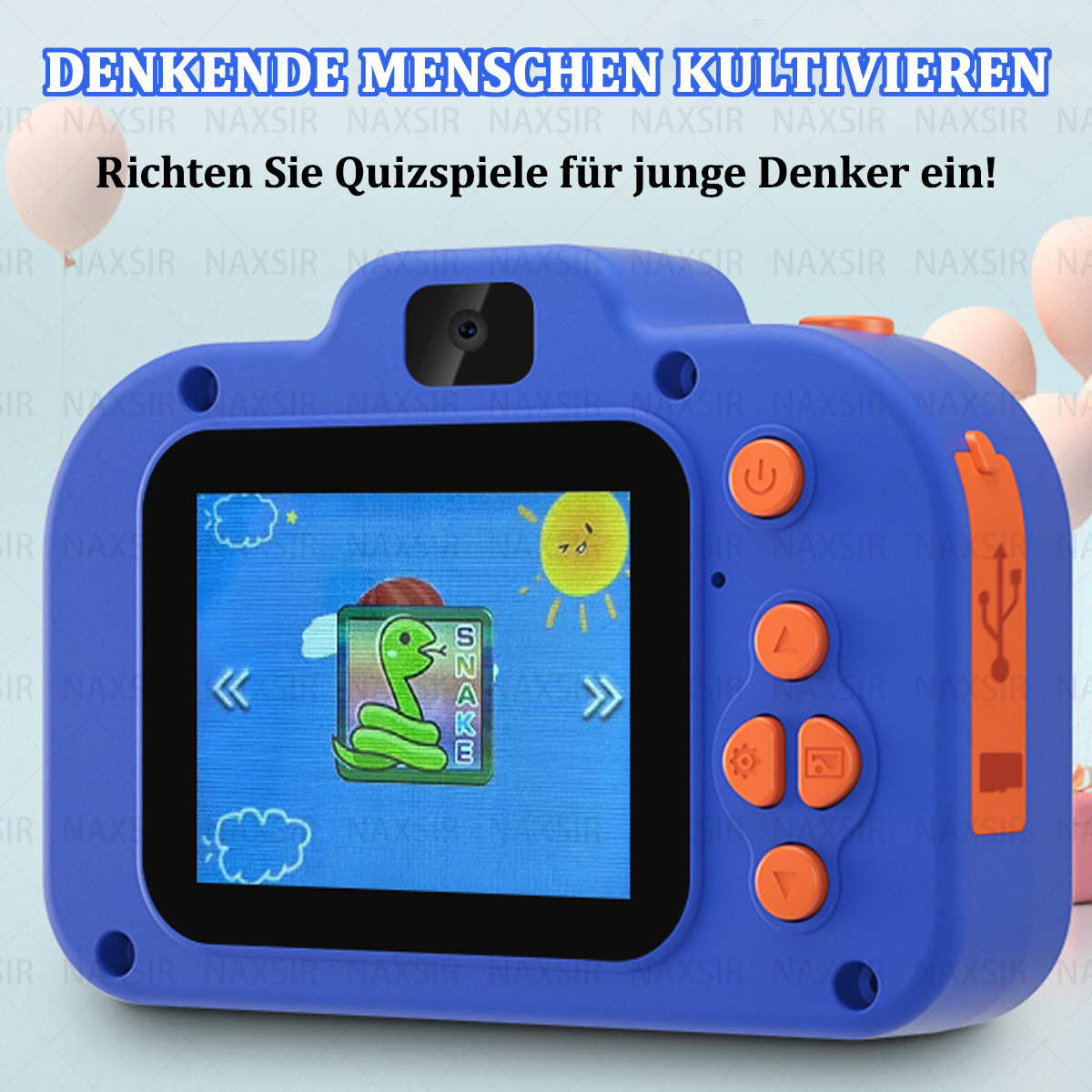 Una fotocamera blu per bambini con un gioco del serpente sullo schermo e pulsanti arancioni, con sovrapposizione di testo.