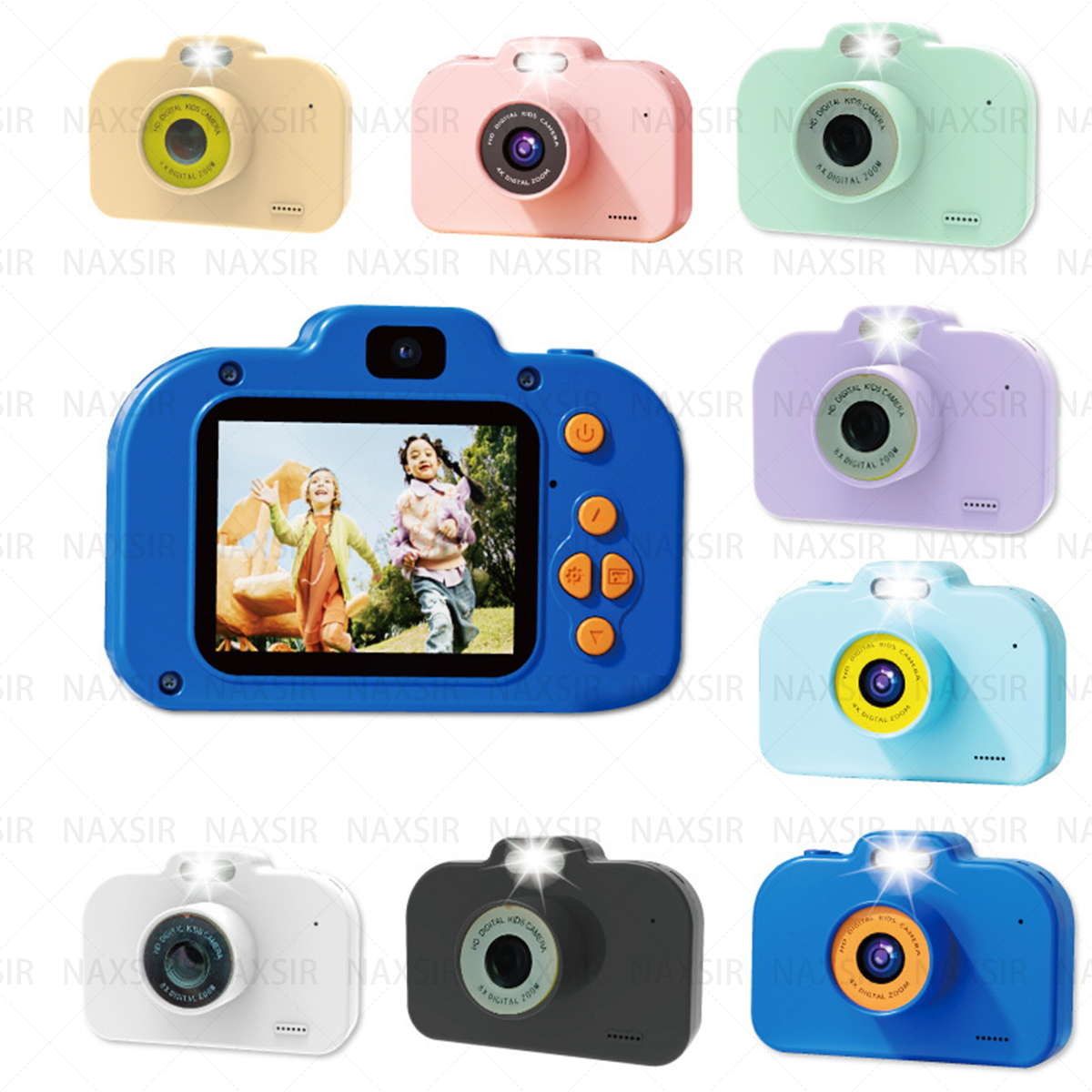 Molte fotocamere colorate per bambini di vari colori, disposte in una griglia, tutte con schermo digitale.