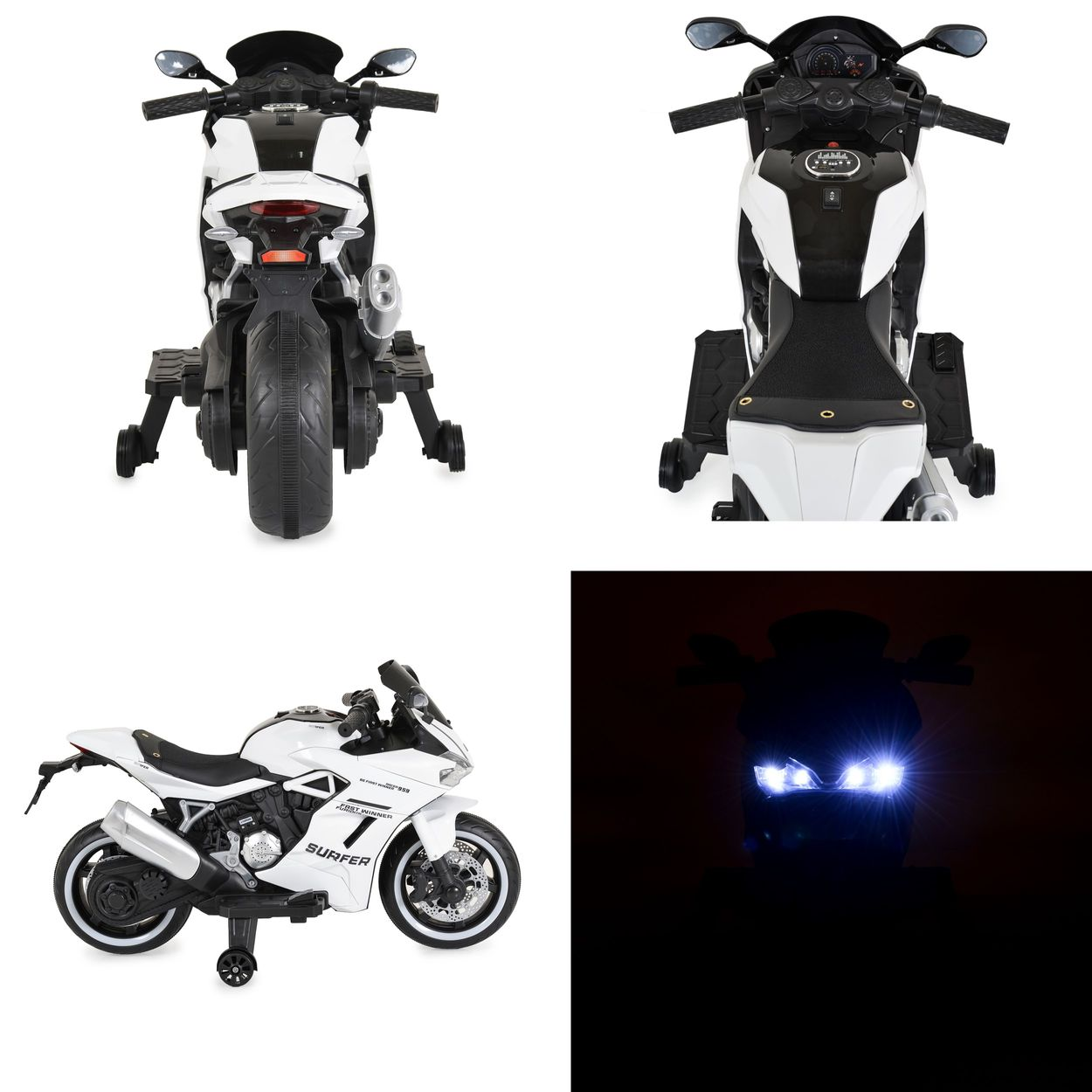 Weißes und schwarzes Spielzeugmotorrad, mehrere Ansichten. Enthält Seiten-, Vorder- und Rückansicht. Lichter im Dunkeln an.
