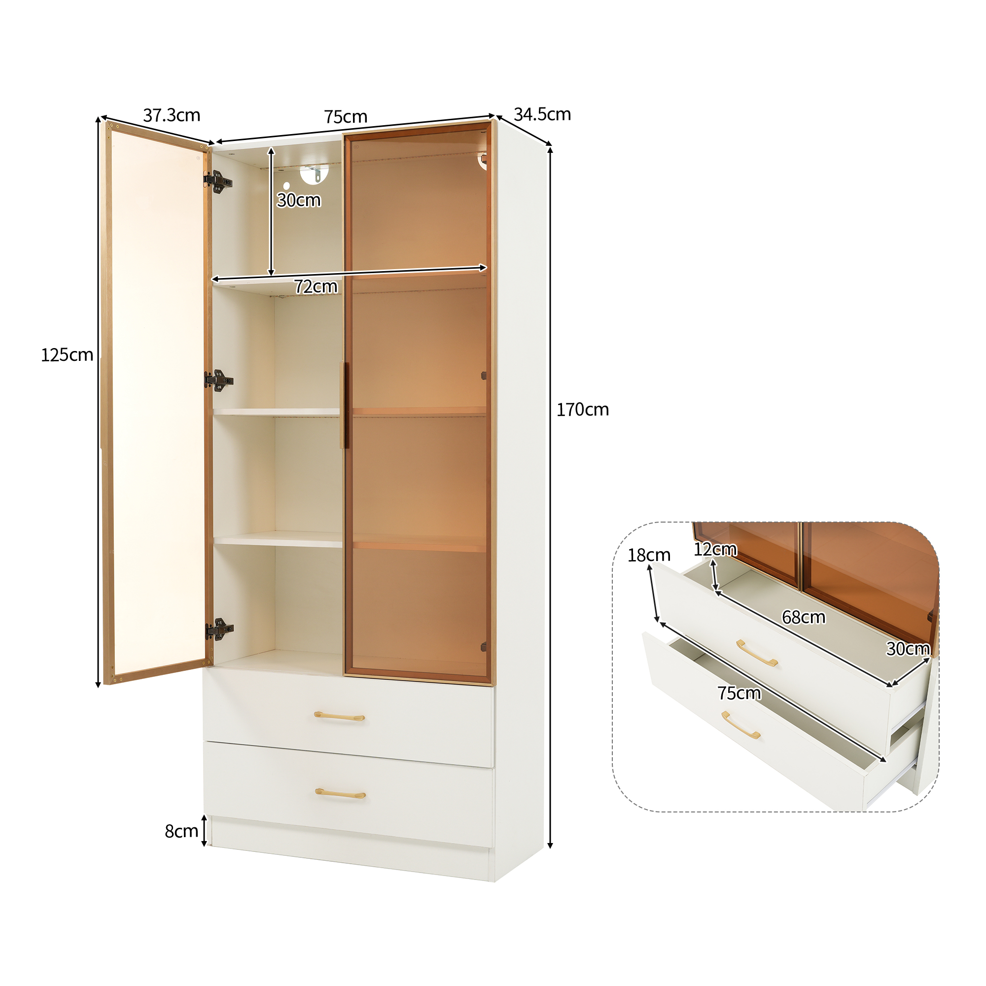 Weißer Schrank mit Glastüren, der Abmessungen und Maße zeigt. Die Türen sind offen.