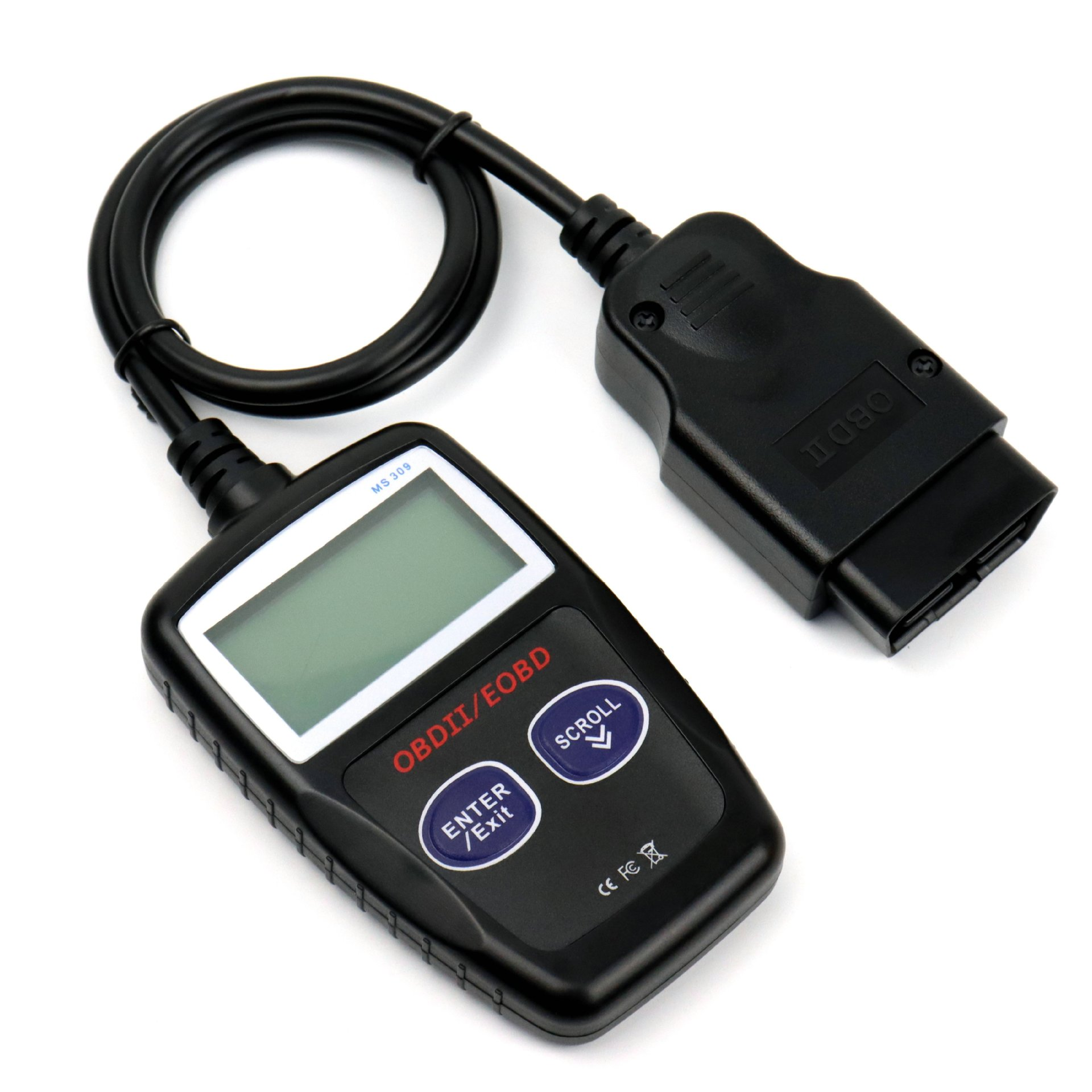 Ein schwarzes OBDII/EOBD-Codelesegerät mit Bildschirm und Tasten, verbunden mit einem schwarzen OBD-Kabel.