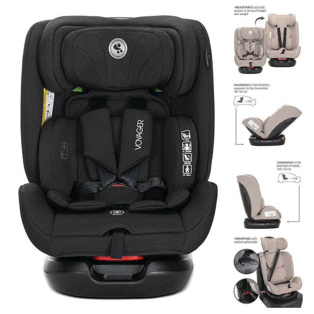 Schwarzer Baby-Autositz mit Diagrammen, die Installationsanweisungen und Funktionen zeigen.