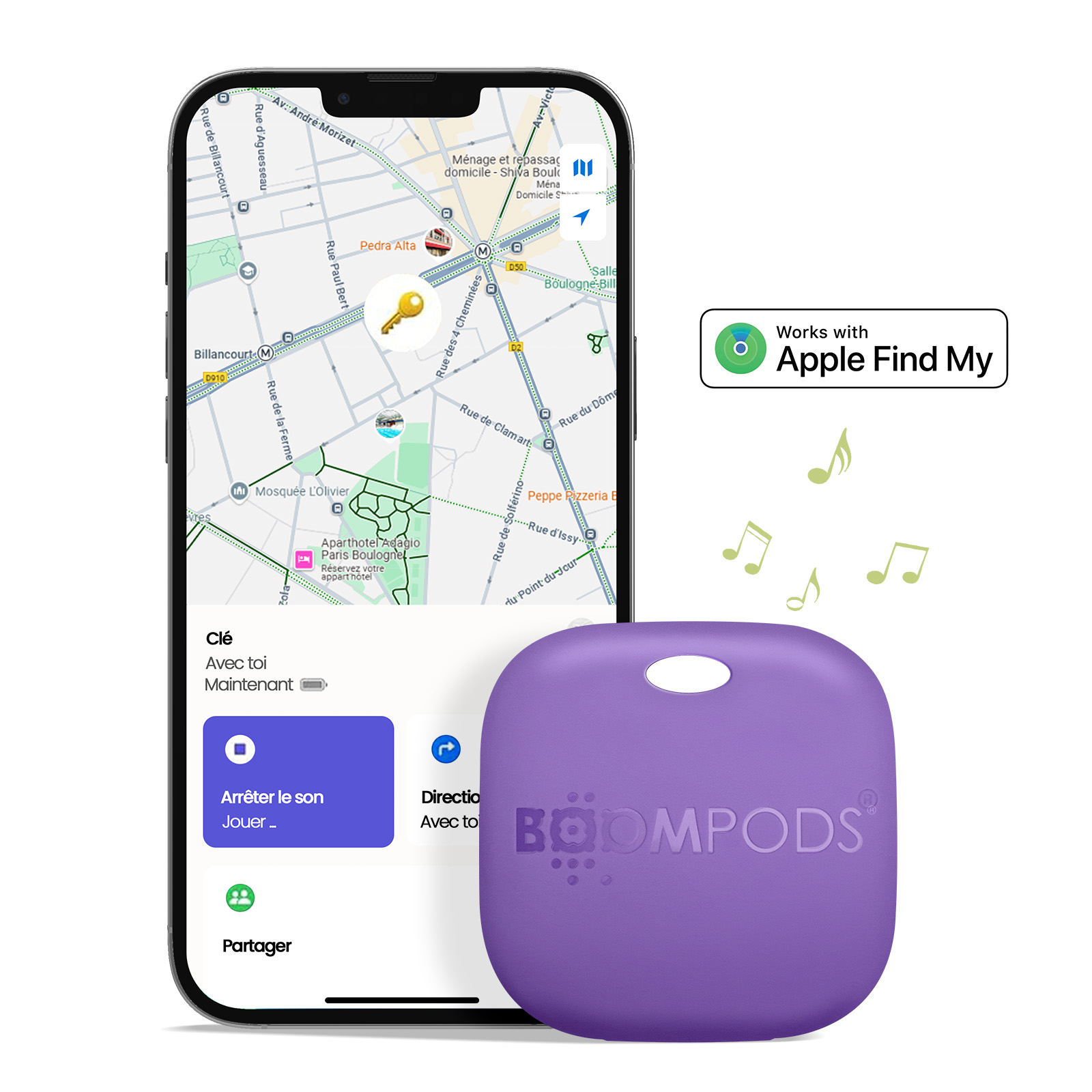 Ein Telefon zeigt eine Karte mit einem Schlüssel-Symbol. Daneben ein violetter BoomPods Tracker, mit Noten.