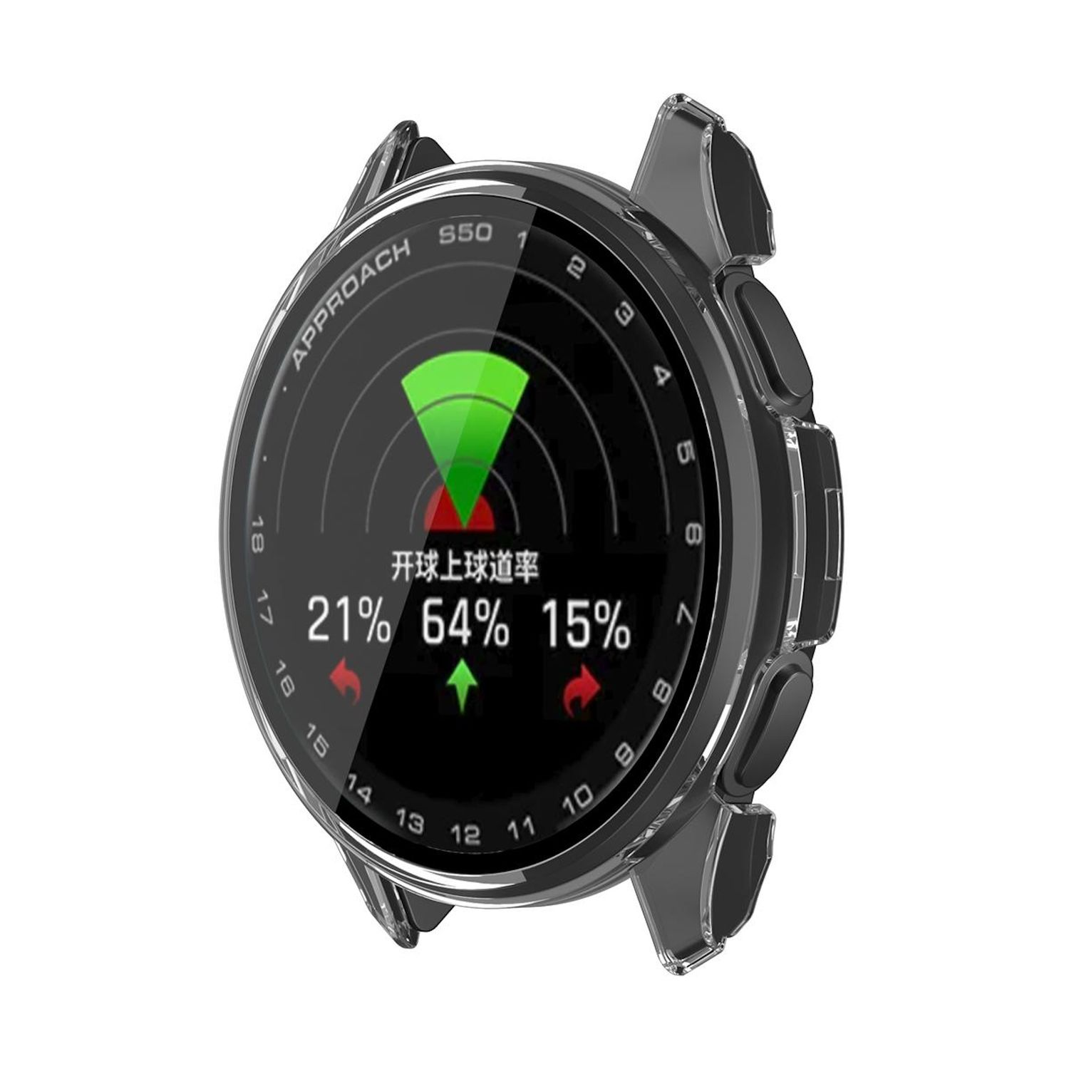 Ein Smartwatch-Zifferblatt zeigt Golfdaten, einschließlich Prozentsätzen. Die Uhr ist in einem schwarzen Gehäuse.