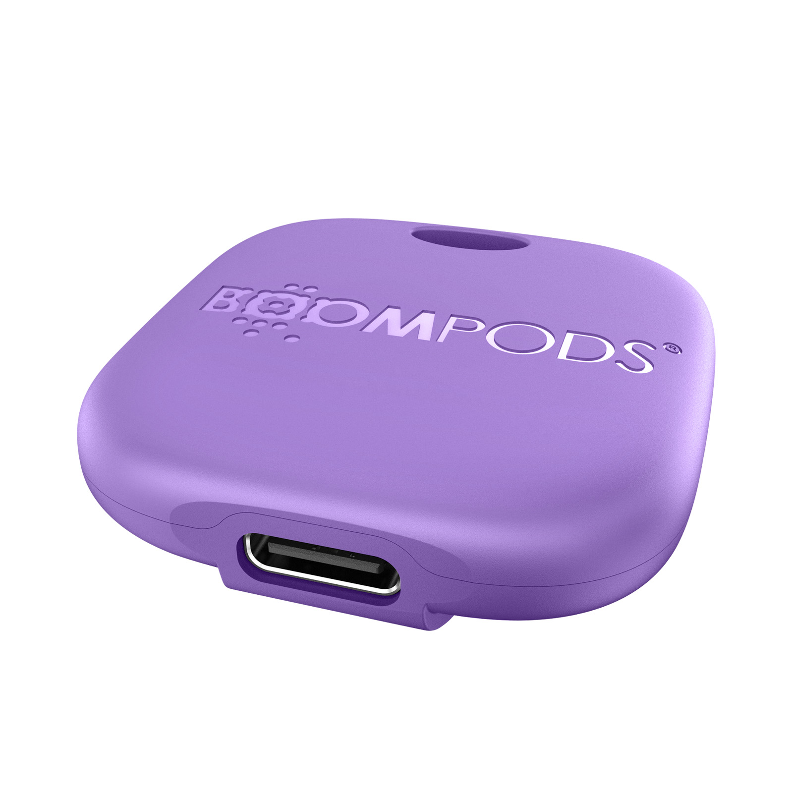 Ein violetter BoomPods-Tracker mit einem USB-C-Anschluss. Der Tracker hat das BoomPods-Logo.