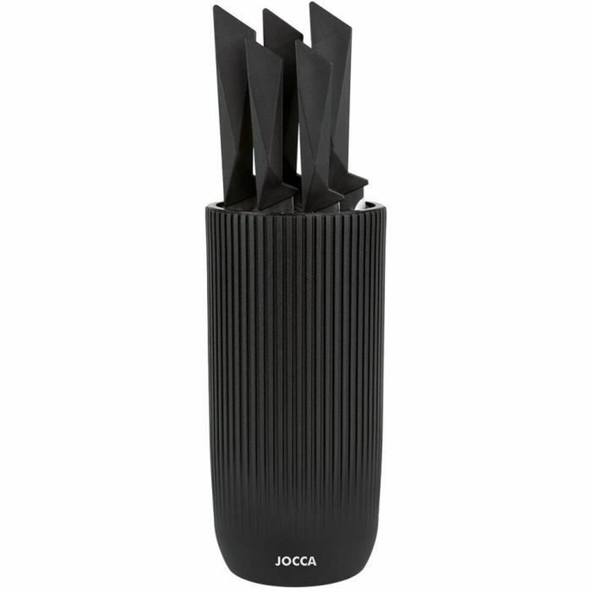 Schwarzes Messerset in einem gerippten Halter, mit der Marke 'JOCCA'.