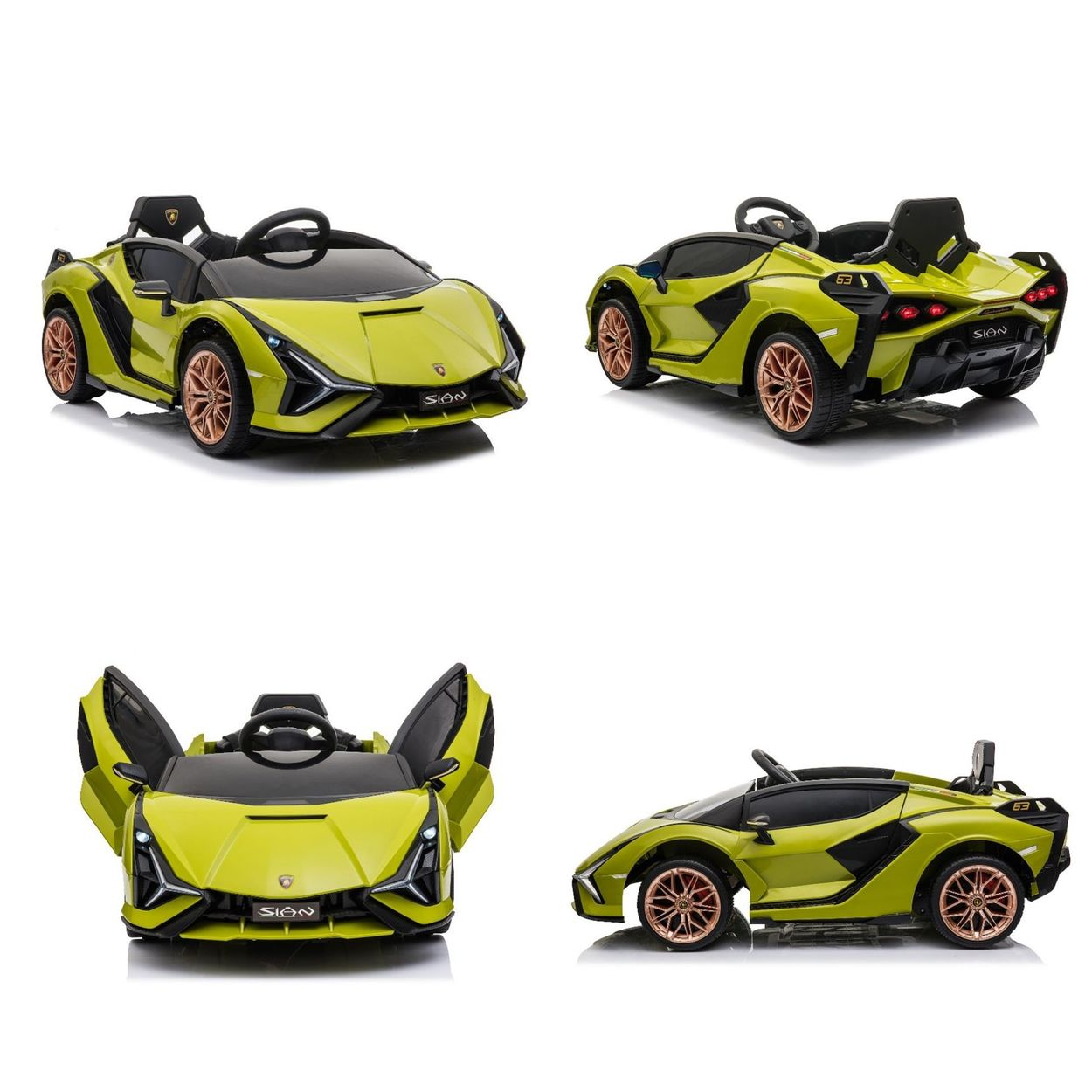 Mehrere Ansichten eines lindgrünen Spielzeugautos mit Flügeltüren und schwarzem Innenraum.