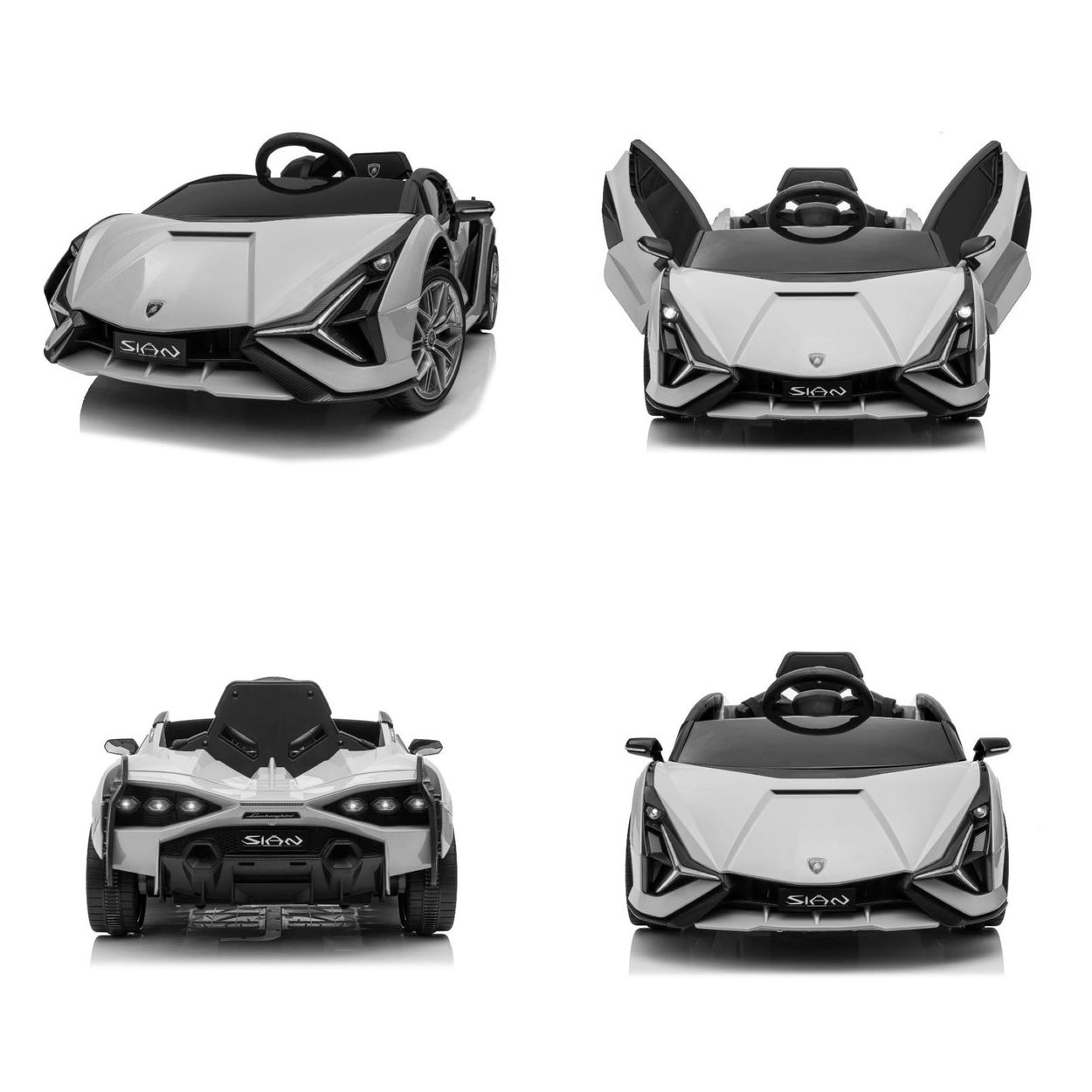Mehrere Ansichten eines weißen Spielzeugautos mit Flügeltüren und schwarzem Innenraum.