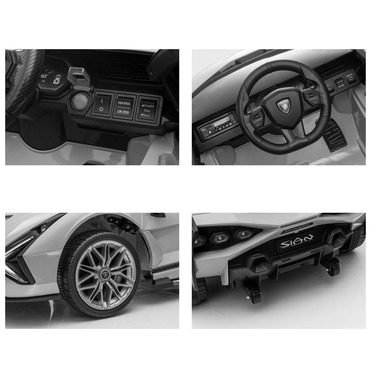 Nahaufnahme der Innen- und Außendetails eines weißen Spielzeugautos.