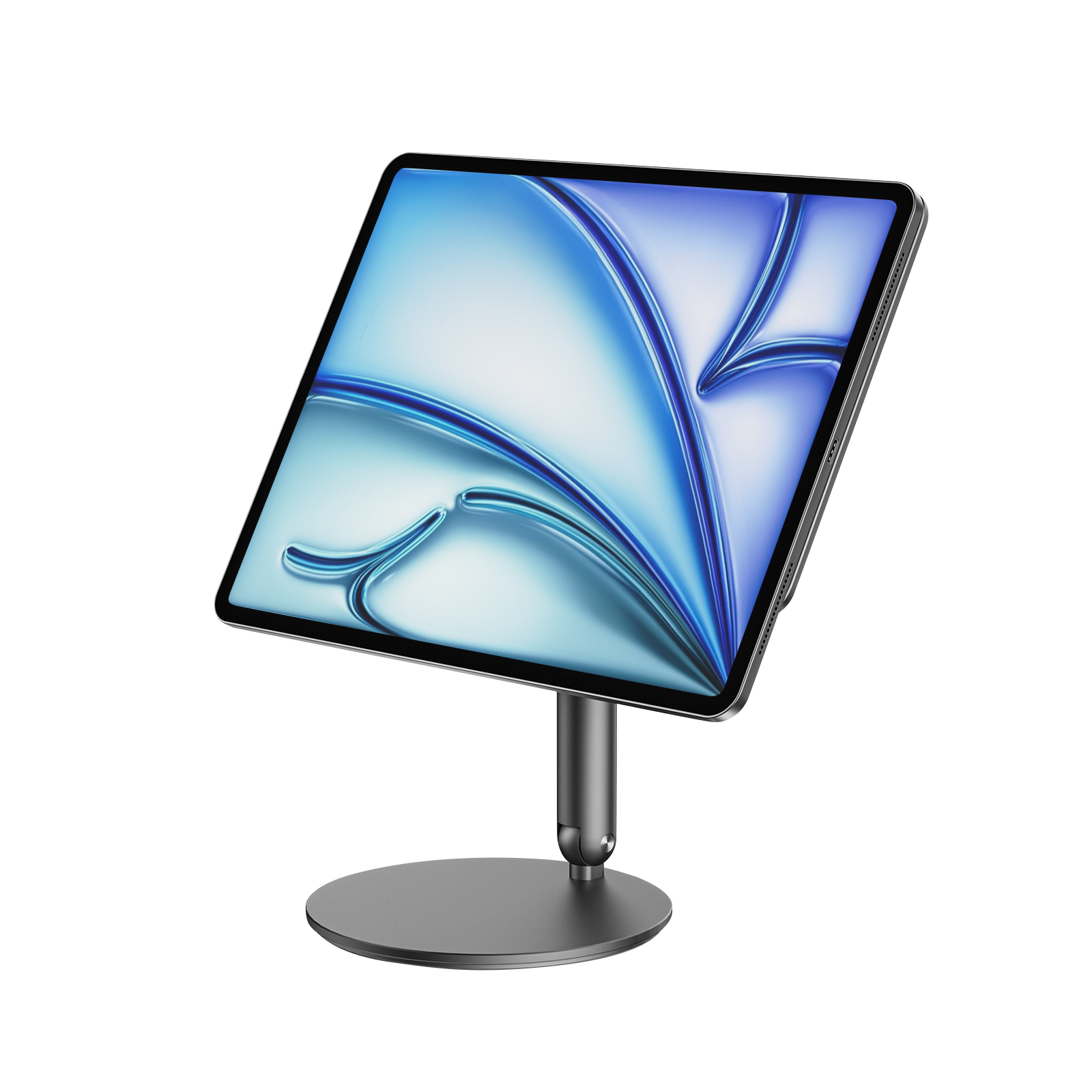 Tablet auf einem Ständer, das ein blau-weißes abstraktes Bild anzeigt.