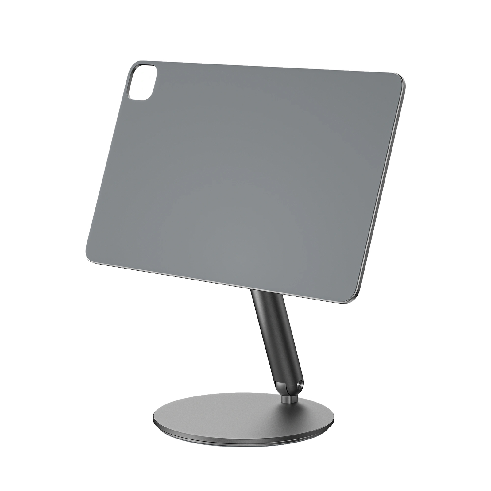 Ein grauer Tablet-Ständer mit einem Tablet. Der Ständer hat einen runden Sockel und einen gebogenen Arm. Weißer Hintergrund.