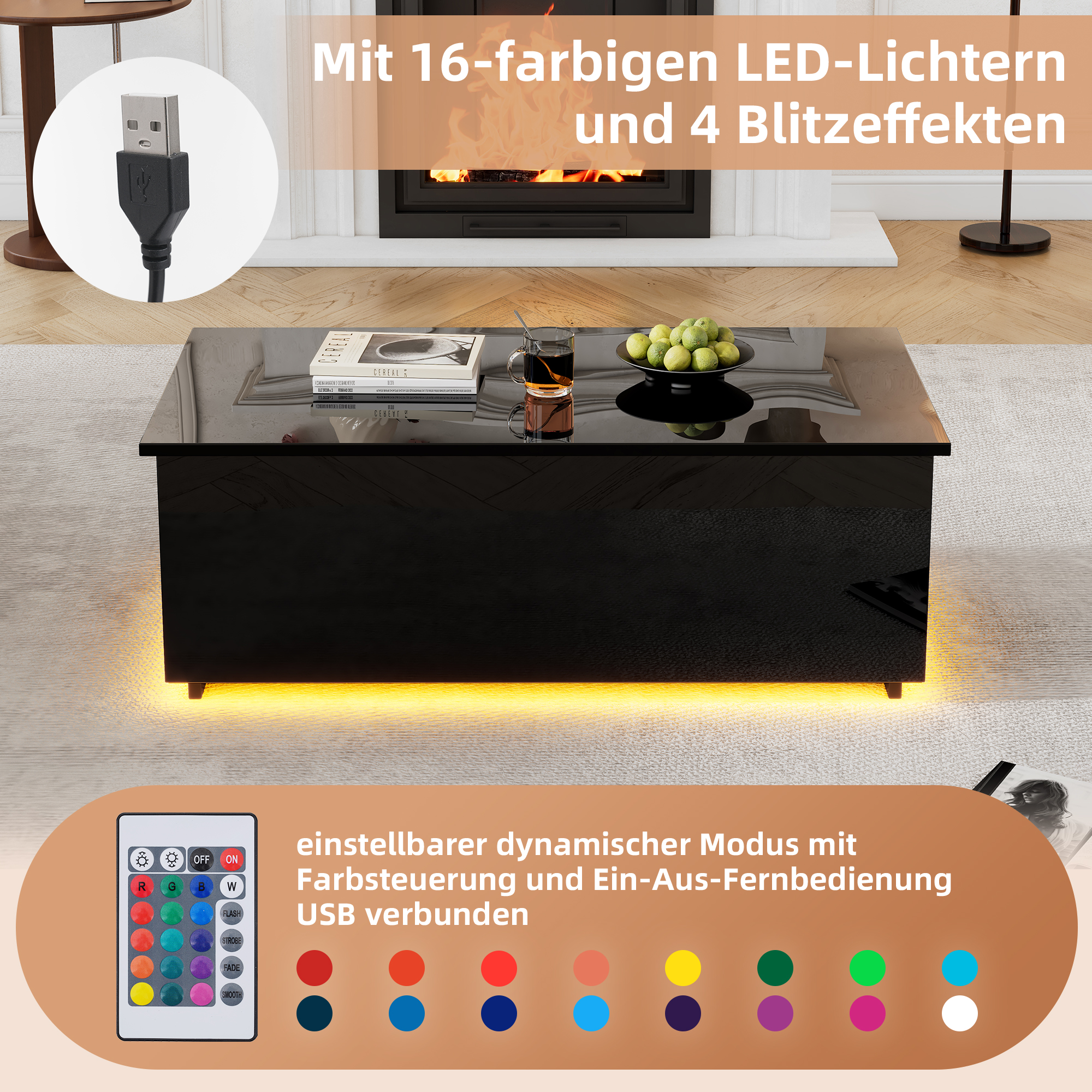 Schwarzer Couchtisch mit LED-Leuchten und Fernbedienung. Bücher, Tasse und USB-Kabel sichtbar.