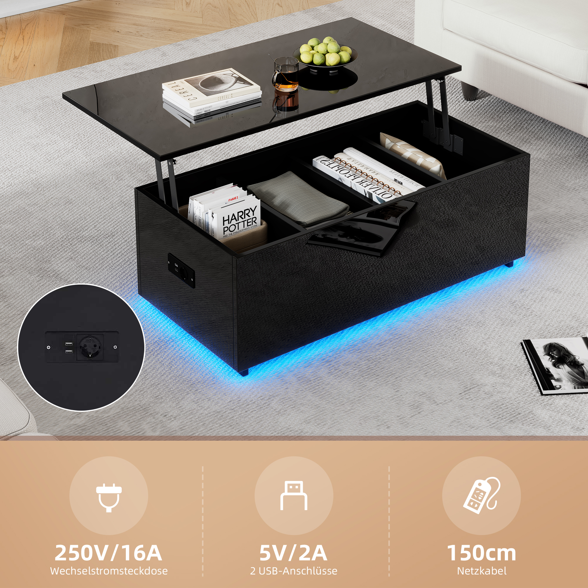 Schwarzer Couchtisch, offen, mit Hubtisch. Blaues Licht unter der Basis. Details von Steckdosen und USB-Anschlüssen.