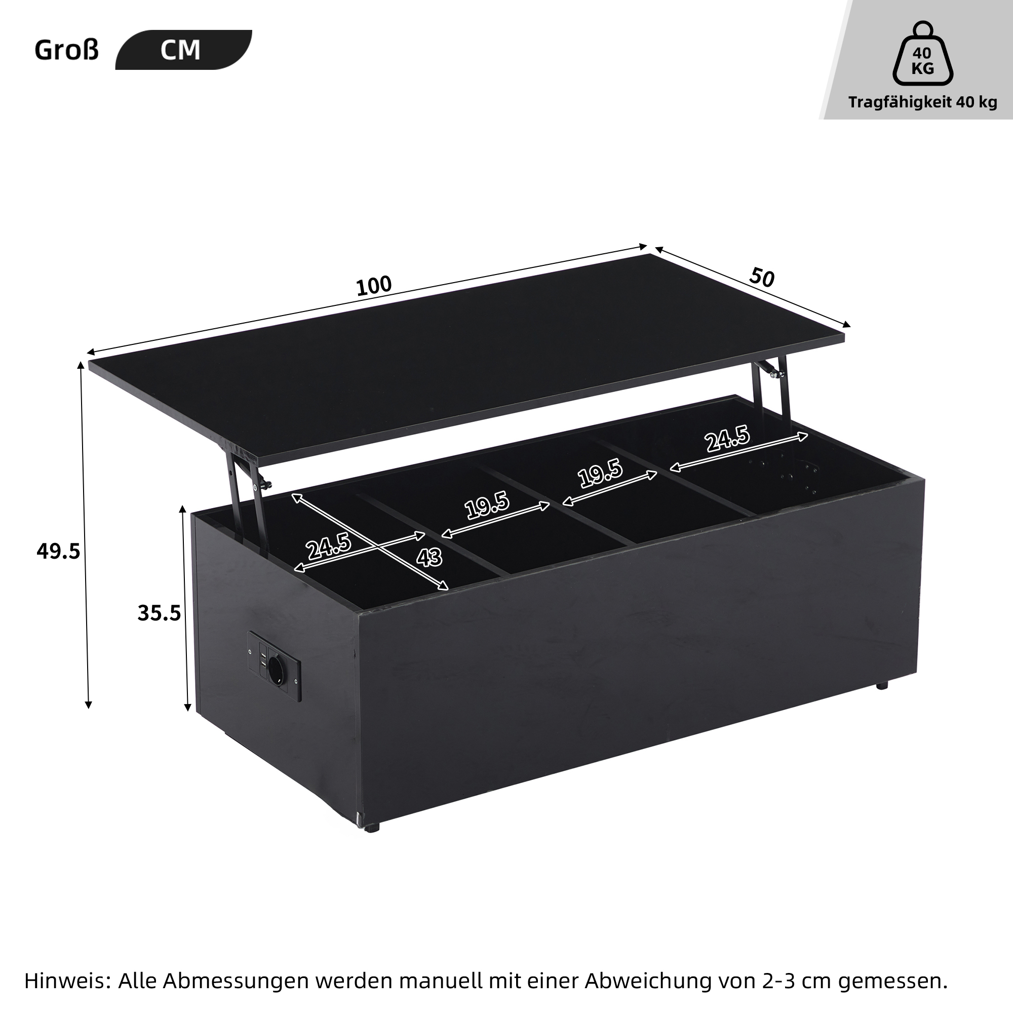 Schwarzer Couchtisch mit Hebevorrichtung. Abmessungen sind angegeben. Weißer Hintergrund.