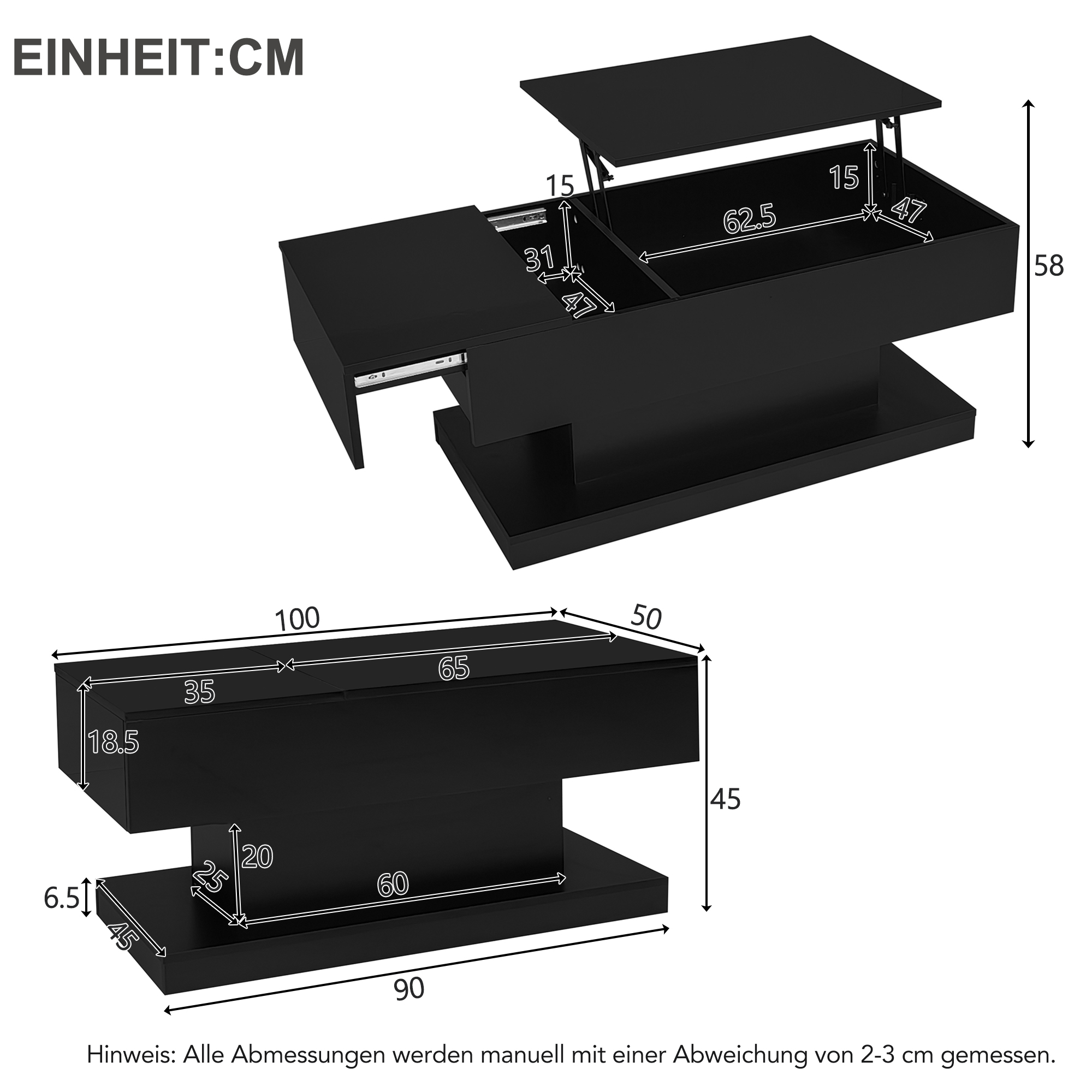 Schwarzer Tisch mit Abmessungen und Maßen. Draufsicht und Seitenansicht. Einheit: CM. Grauer Hintergrund.