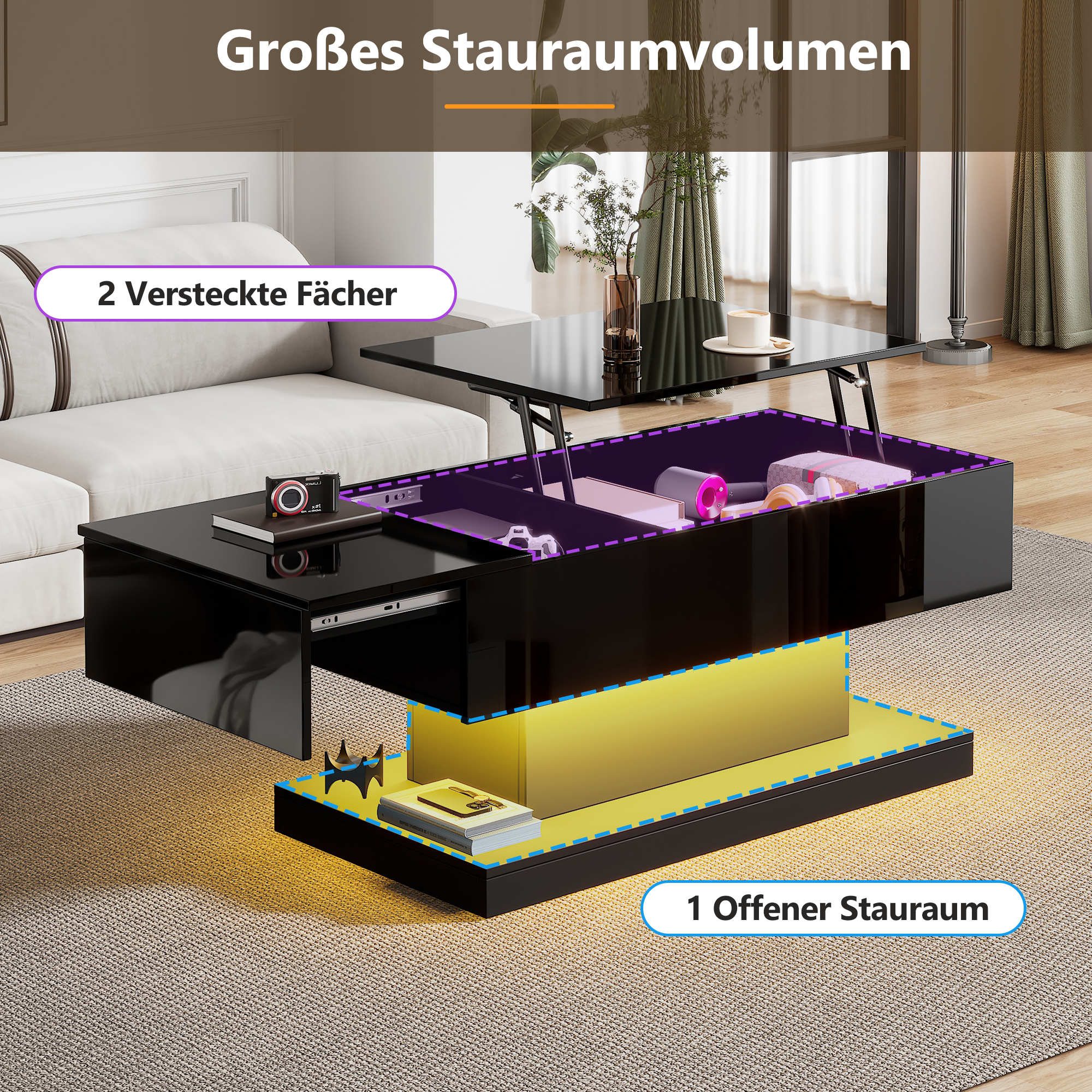 Schwarzer Couchtisch mit Hebevorrichtung und Stauräumen. Text auf Deutsch. Innere Gegenstände sichtbar.