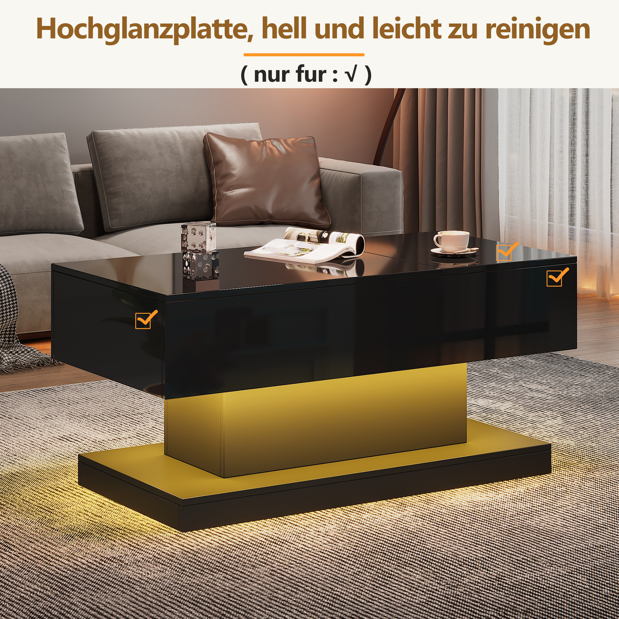 Schwarzer Couchtisch mit glänzender Oberfläche und gelbem Sockel. Häkchen sichtbar.