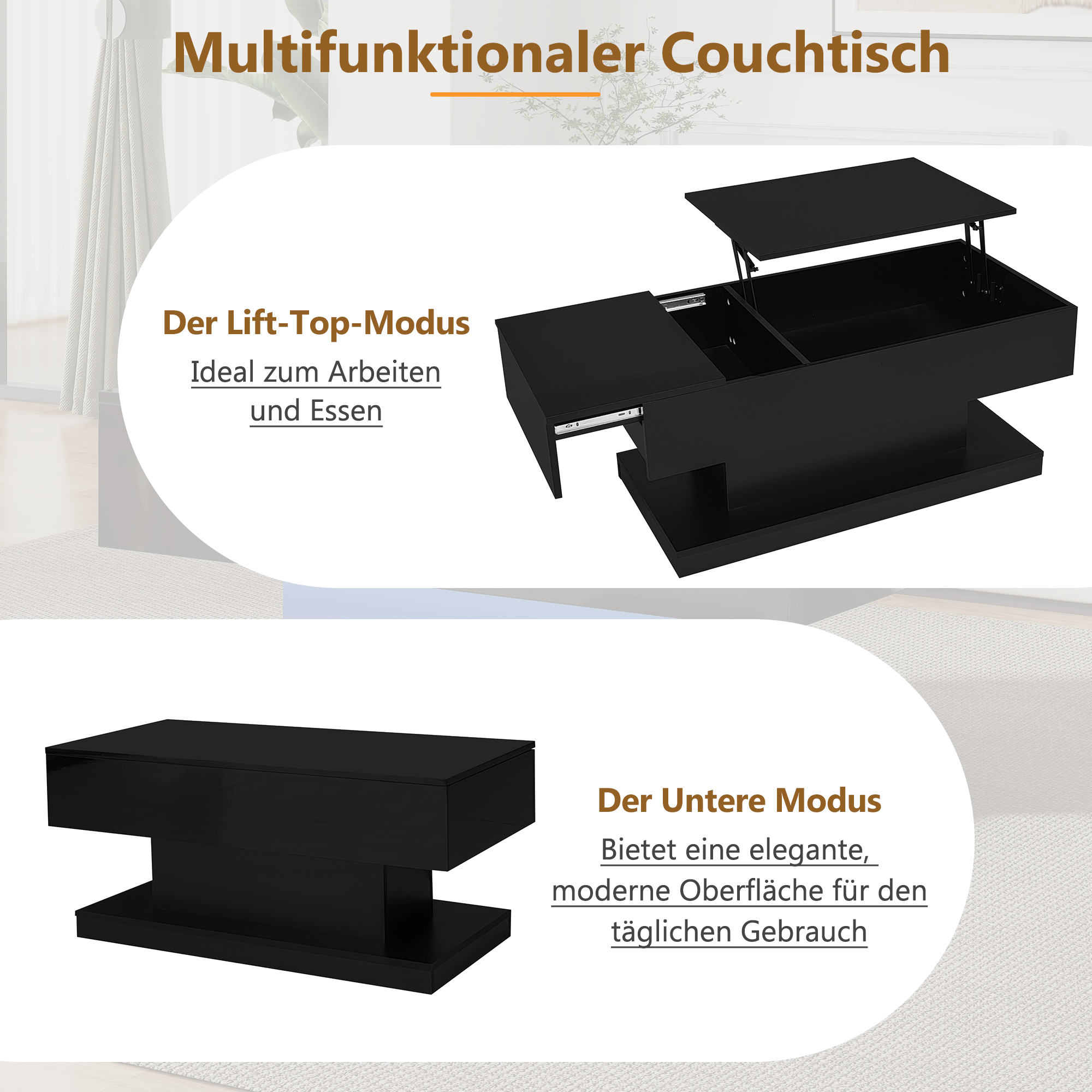 Diagramm eines schwarzen Couchtisches mit Hebevorrichtung in zwei Modi: Hebevorrichtung und unterer Modus.