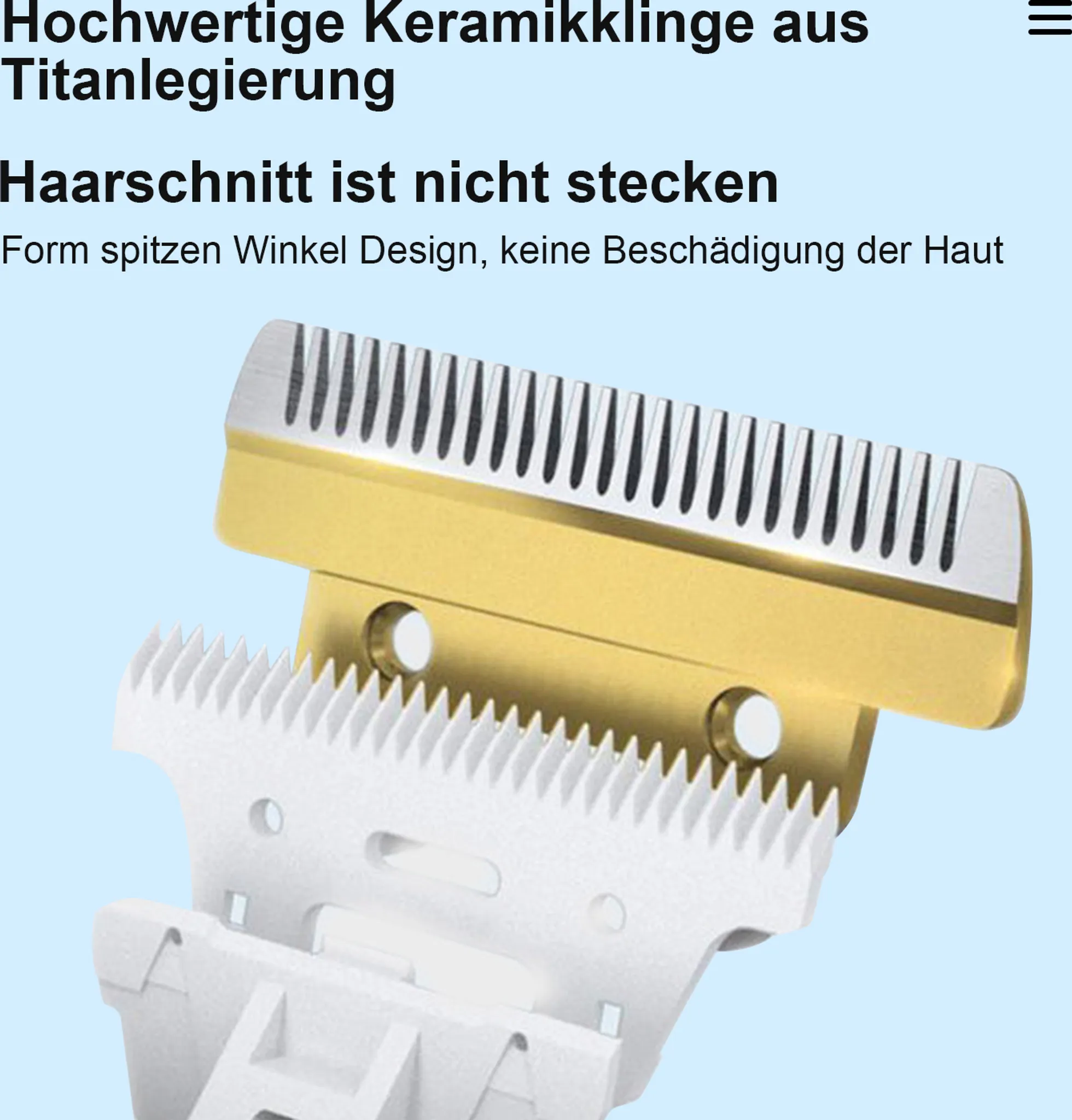 Nahaufnahme einer Keramik-Schneidklinge. Text auf Deutsch. Blauer Hintergrund.