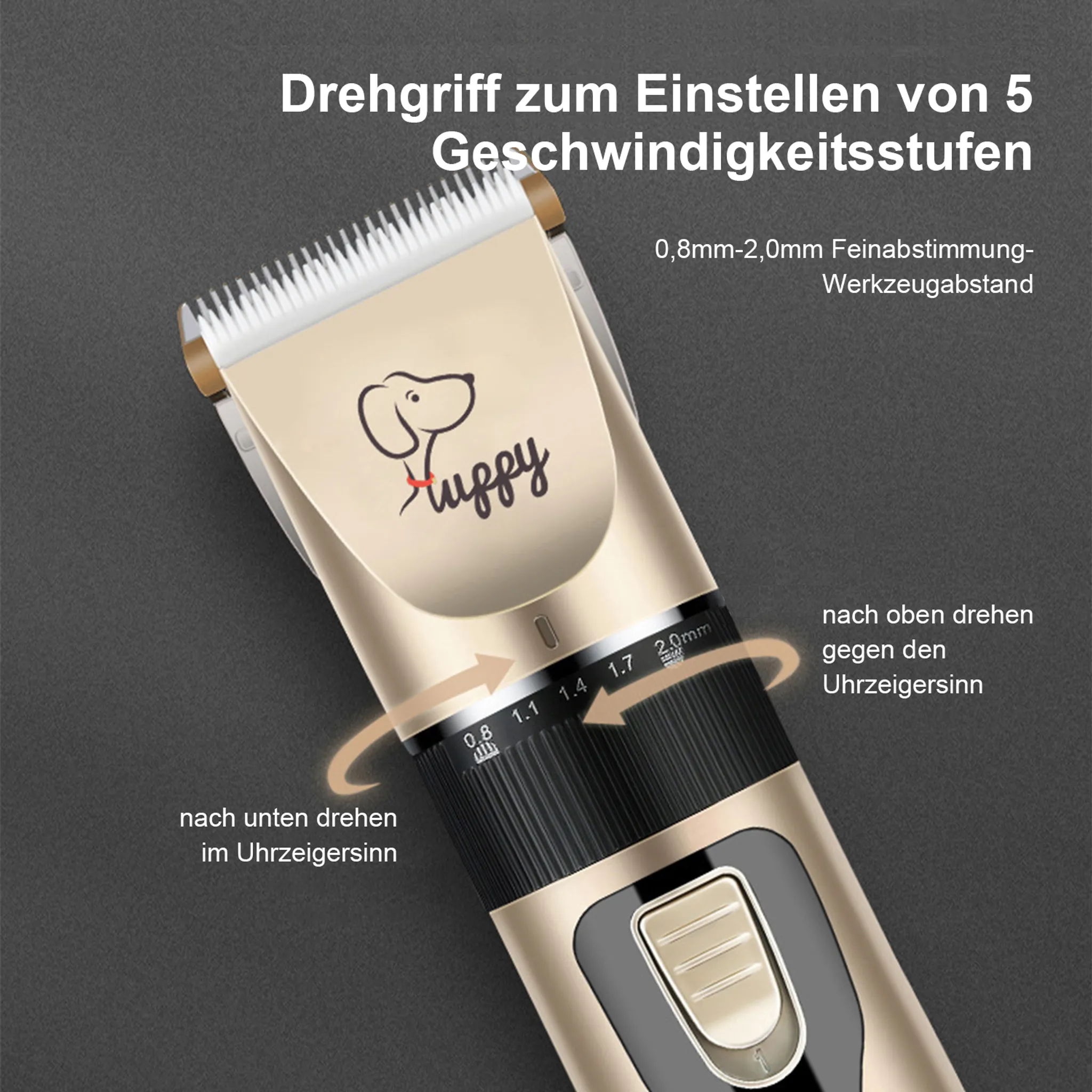 Ein goldenes Hunde-Pflegegerät, das die Einstellung und ein Hunde-Logo zeigt.