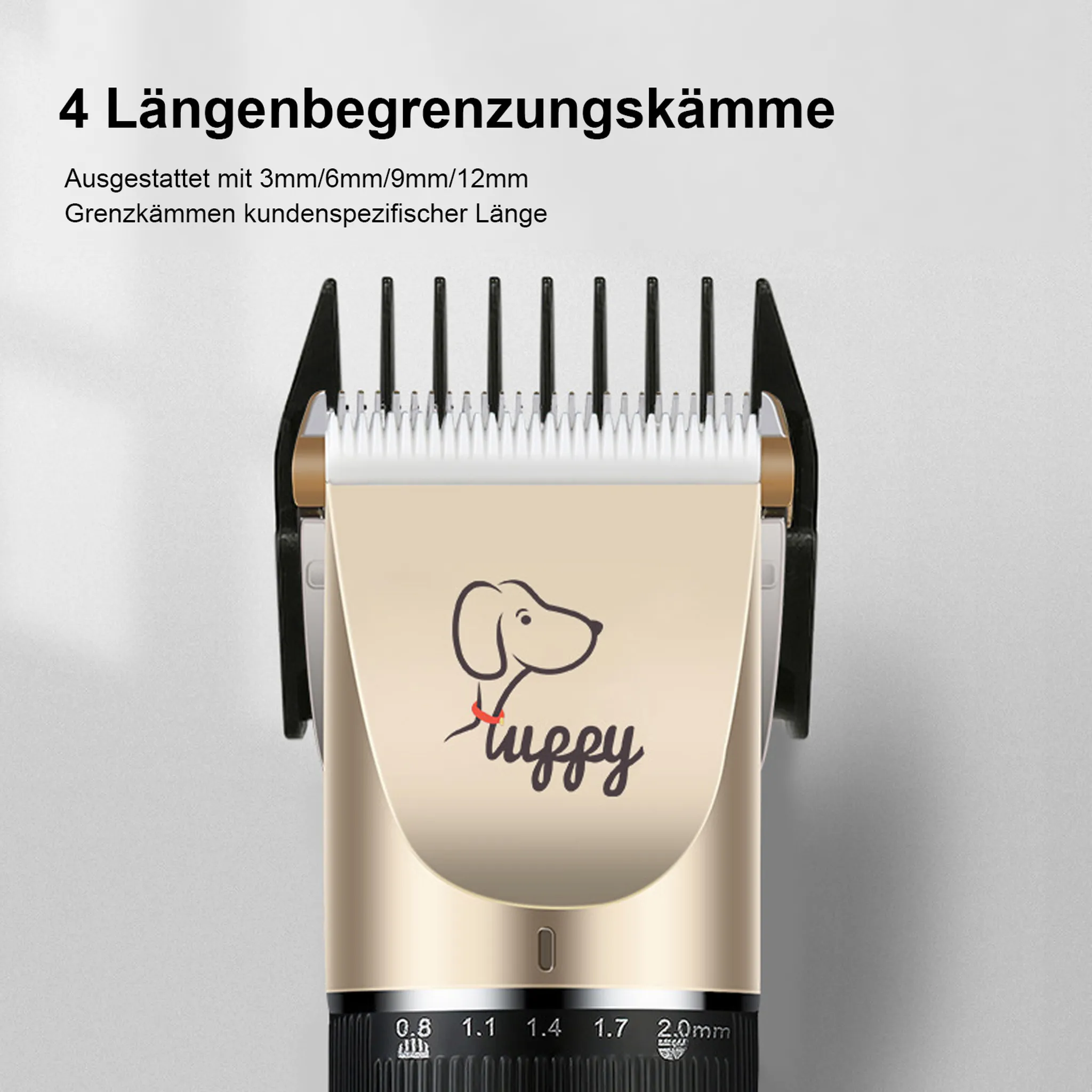 Gold-schwarzer Haarschneider mit Hundeillustration und Text "Puppy". Kämme oben drauf.