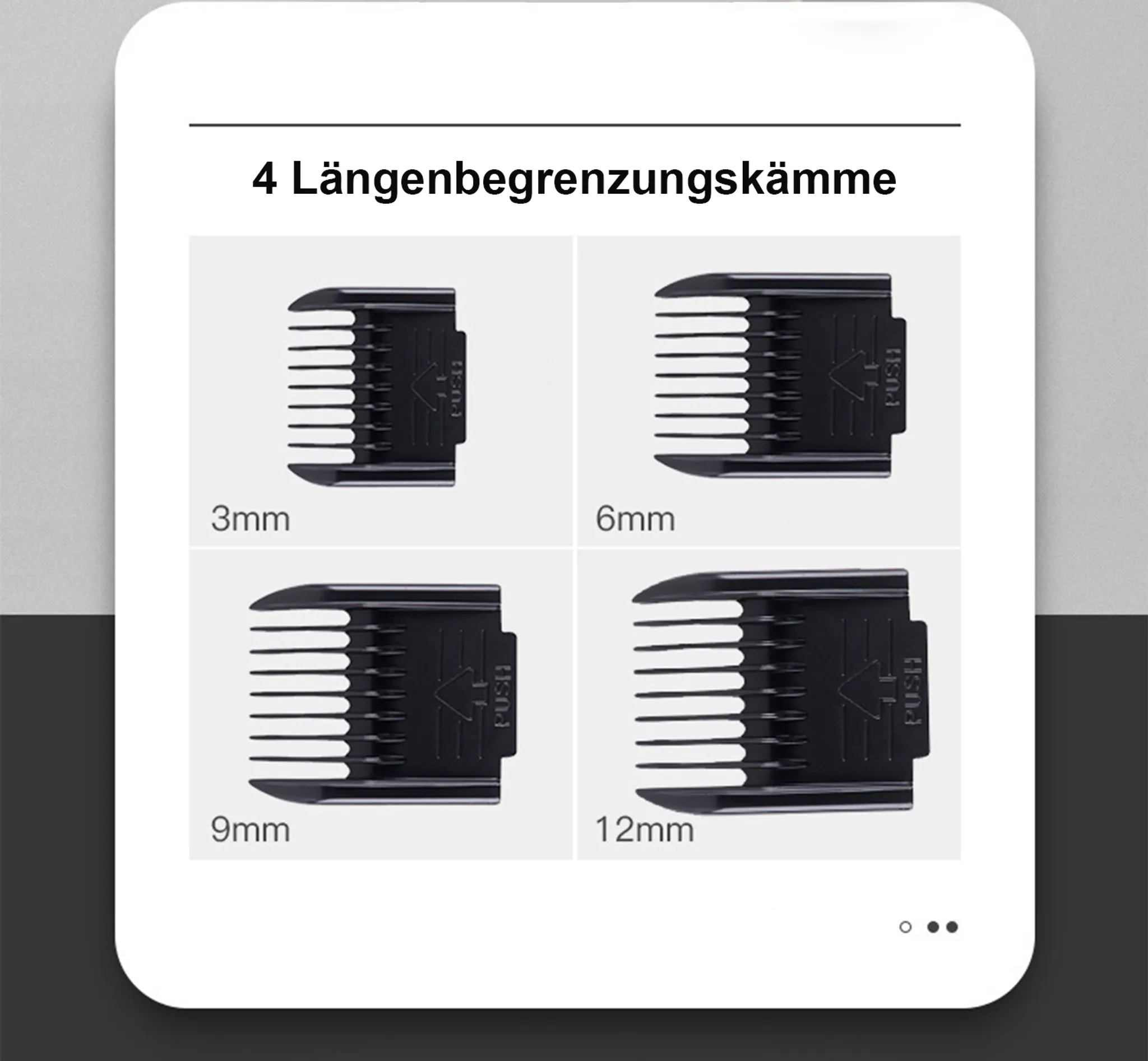 Vier Haarschneideführungen in verschiedenen Längen werden angezeigt.