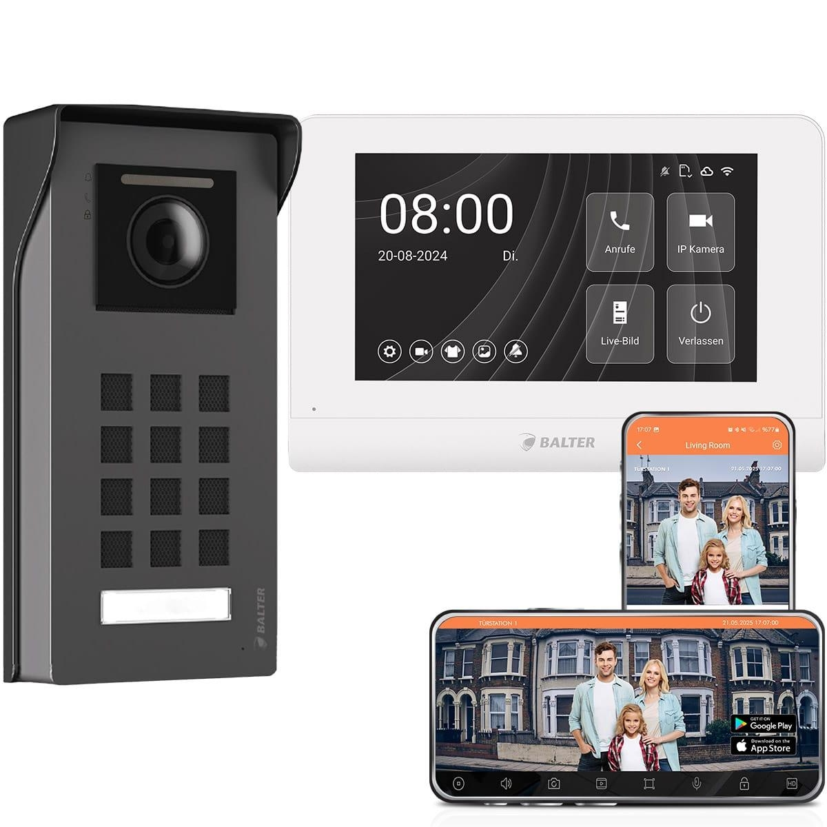 Schwarze Gegensprechanlage mit Kamera und Bildschirm, die Zeit anzeigend. Zwei Telefone zeigen Live-Feeds.