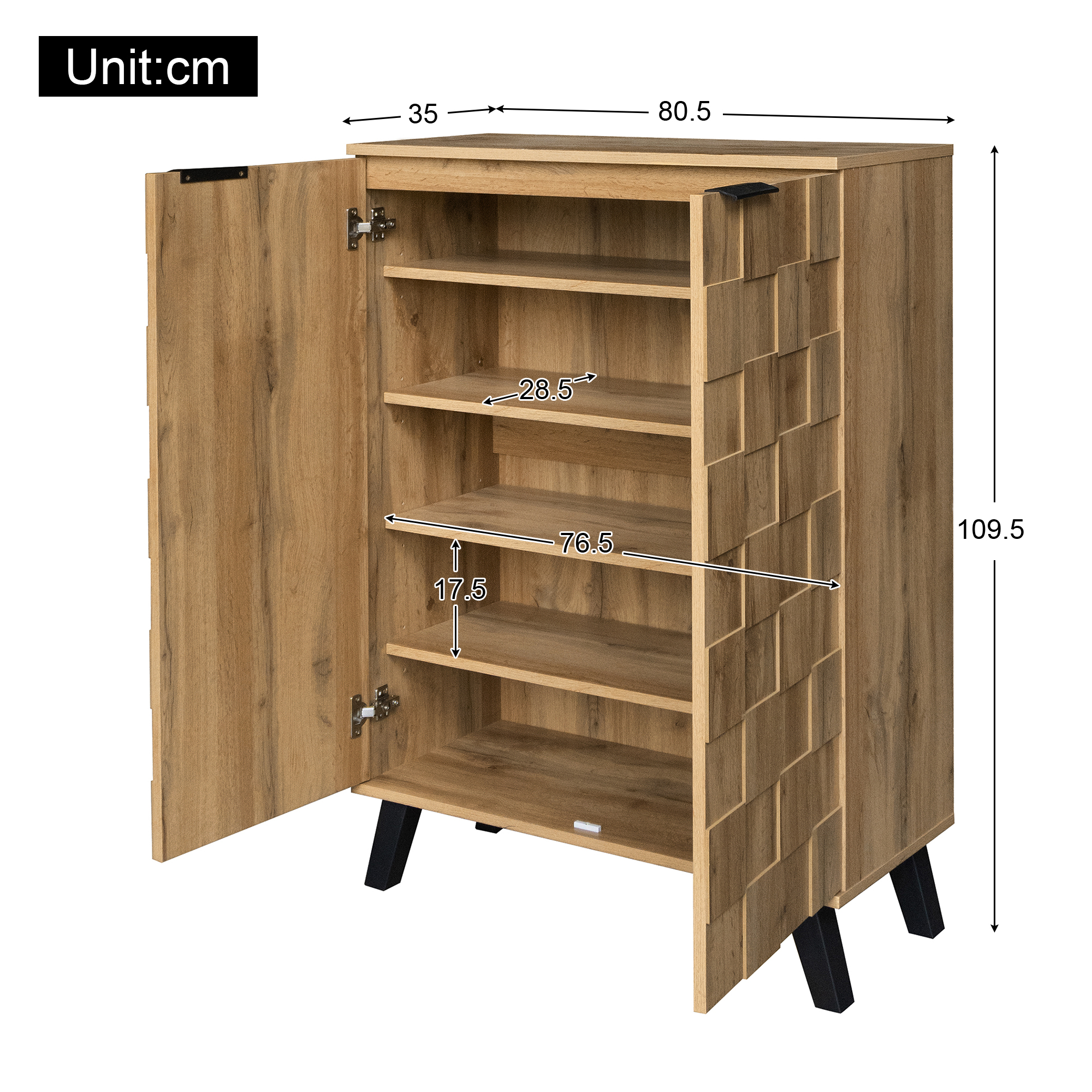 Holzschrank mit offenen Türen, zeigt Regale. Maße in cm: 35x80,5x109,5.