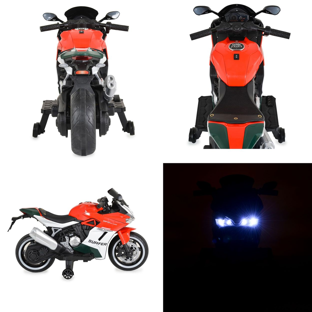 Spielzeugmotorrad in vier Ansichten. Rot und weiß mit schwarzen Akzenten. Weißer Hintergrund, vorne, hinten, Seite und Licht an.