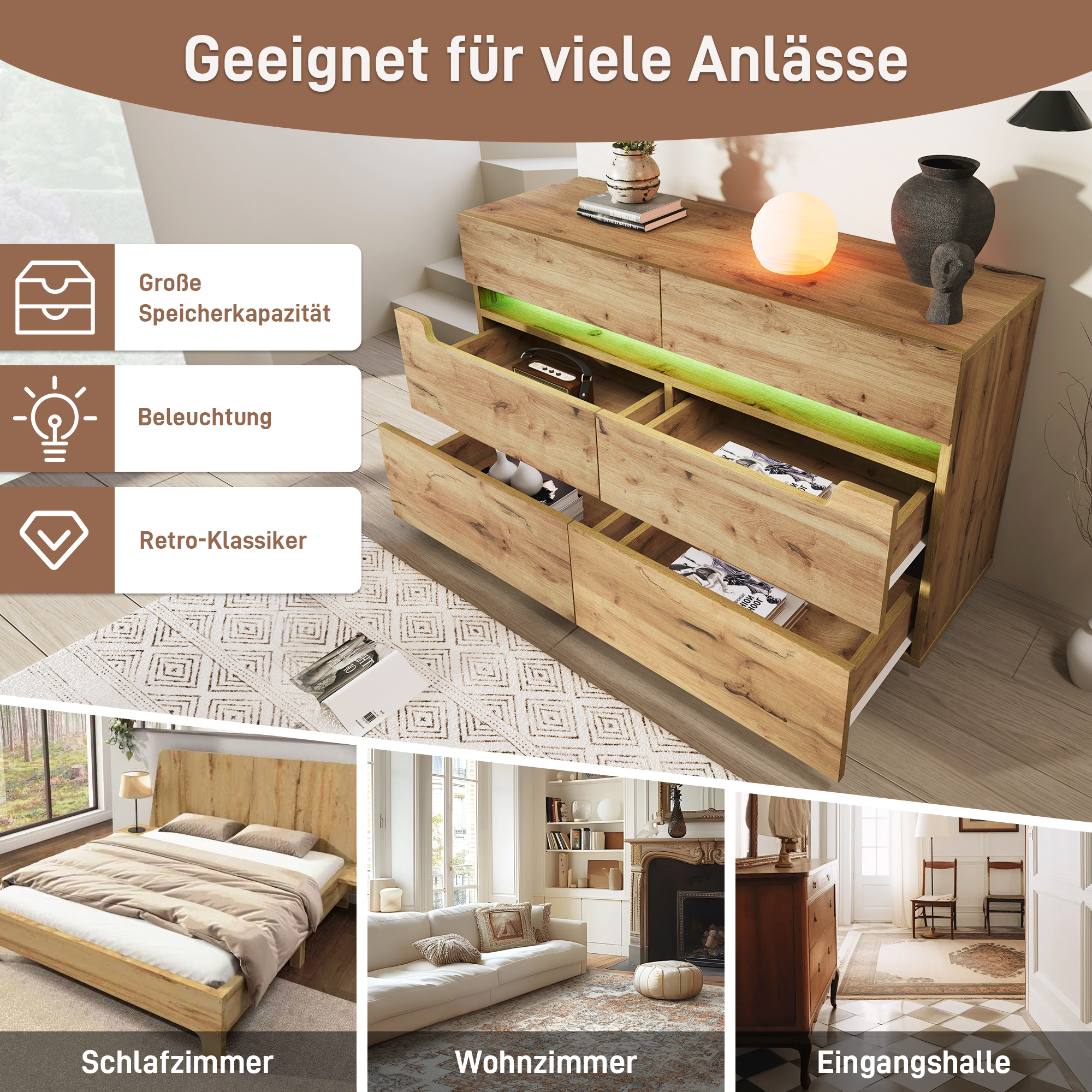 Holzschrank mit Schubladen und einem beleuchteten Abschnitt. Das Bild zeigt verschiedene Räume: Schlafzimmer, Wohnzimmer und Flur.