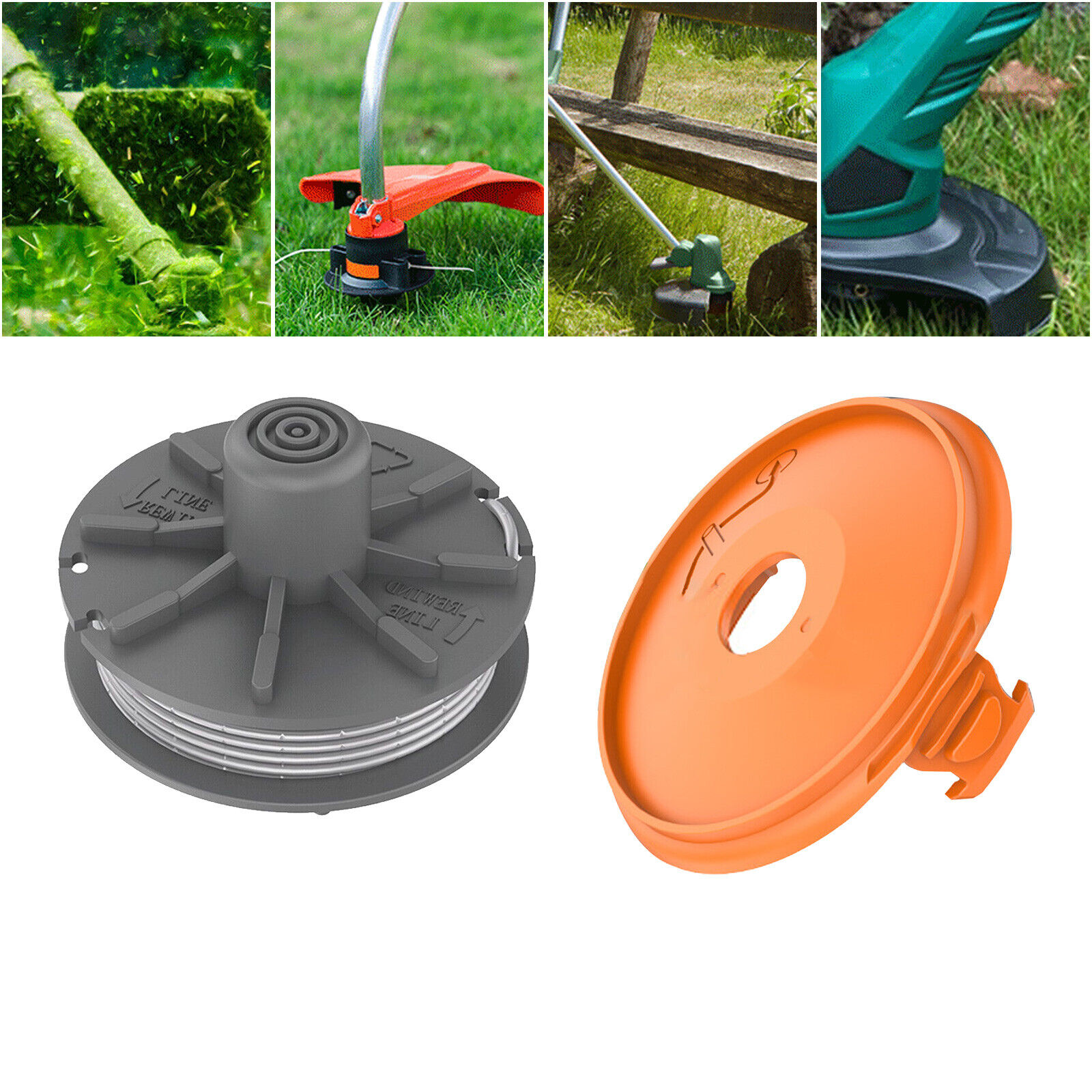 Rasentrimmer-Teile und Anwendungsbilder. Graue Spule, orangefarbene Abdeckung und Trimmerköpfe im Einsatz. Weißer Hintergrund.