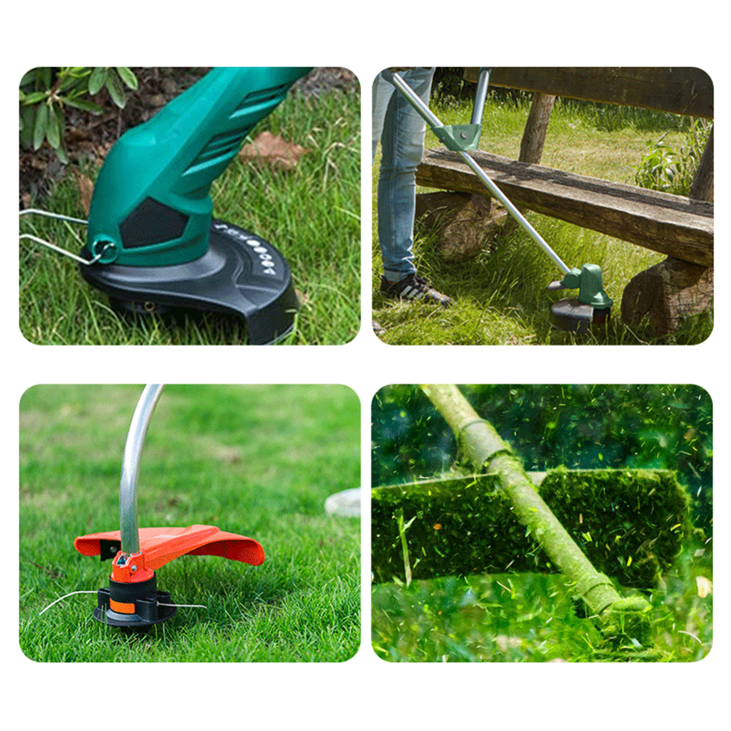 Vier Bilder von Rasentrimmern im Einsatz. Nahaufnahmen des Trimmerkopfes und des Grasschneidens. Weißer Hintergrund.